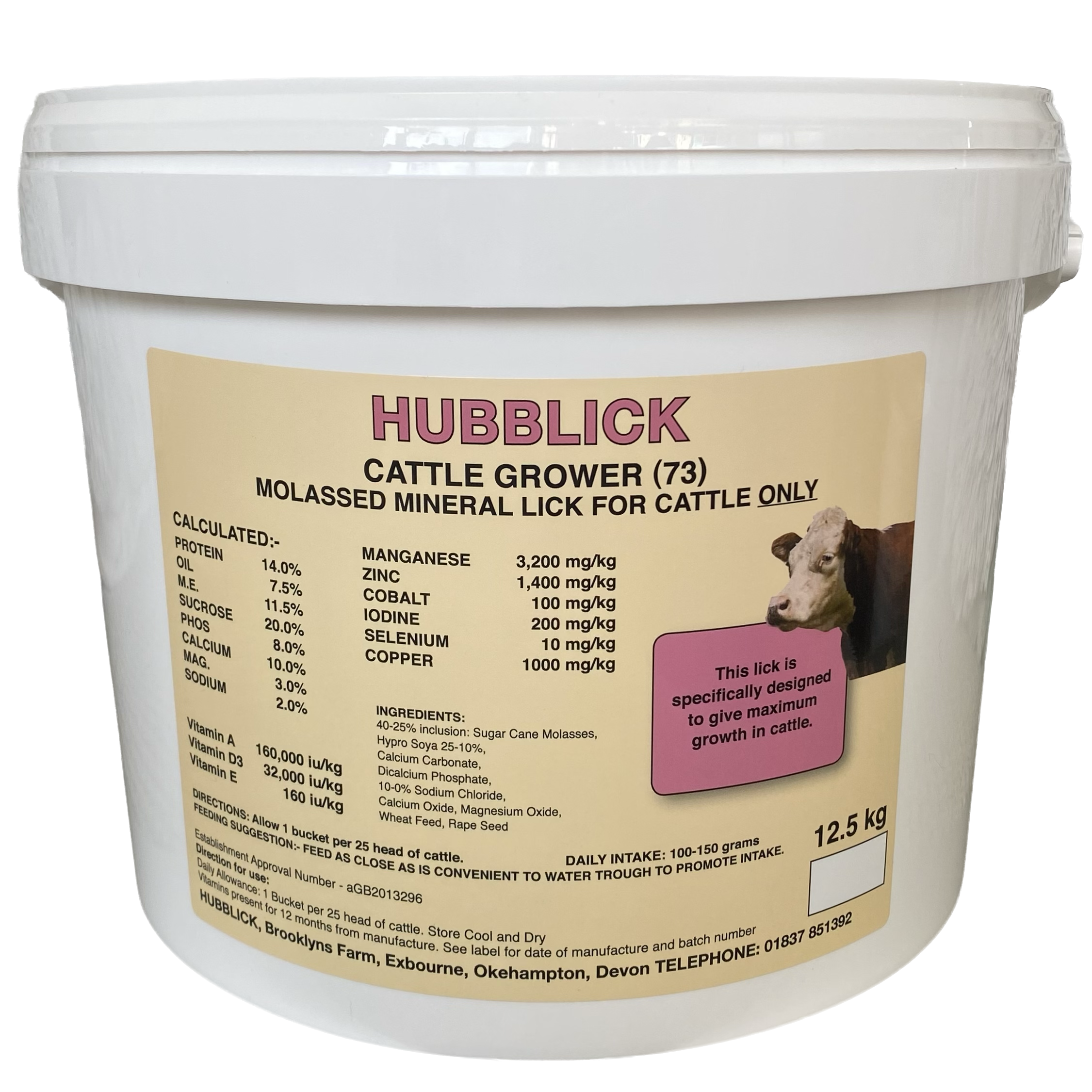 White bucket of HUBBLICK cattle grower molassed mineral lick with label detailing ingredients, nutritional values, and contact information, including a picture of a cow's head.