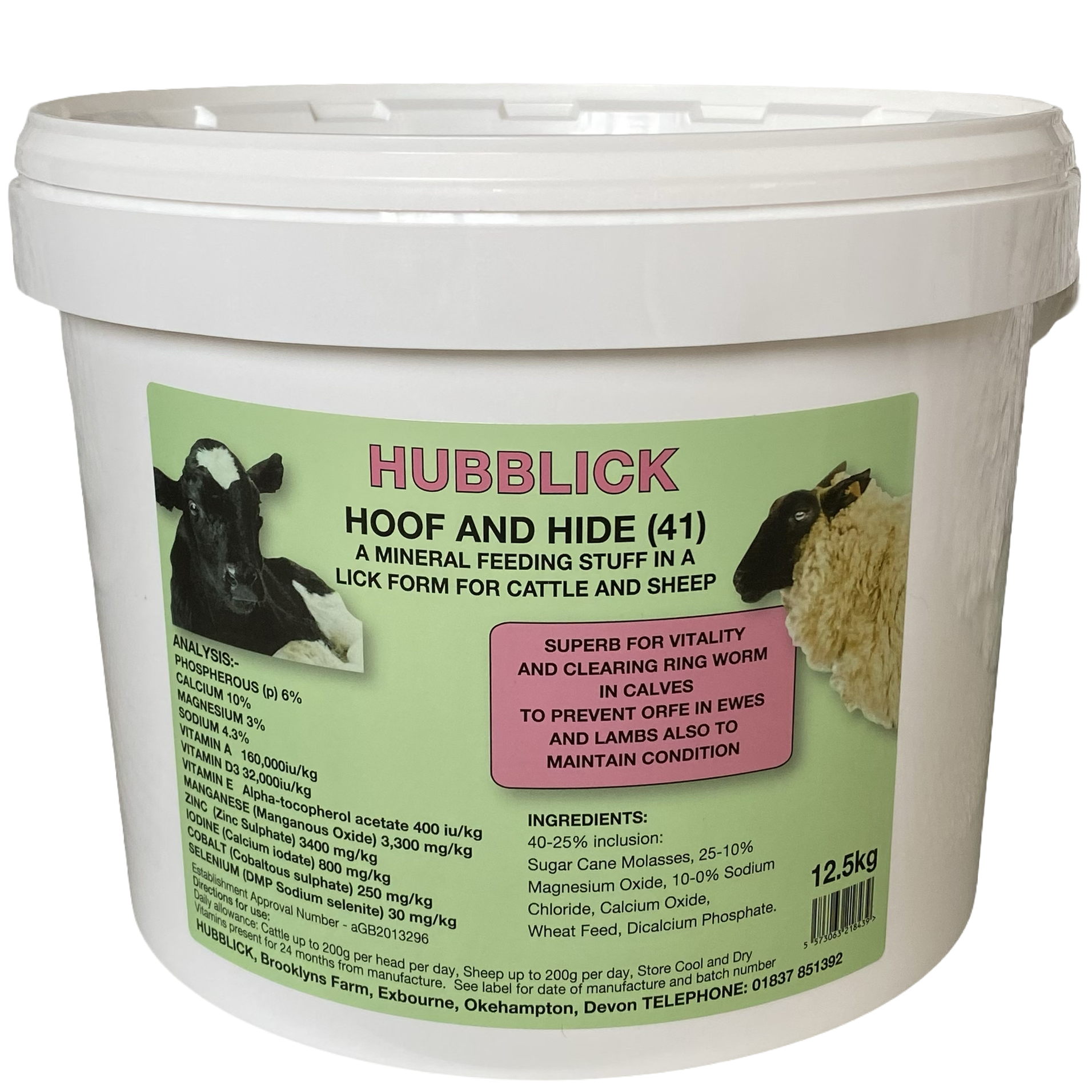 A white bucket labeled 'HUBBLICK Hoof and Hide' contains mineral feeding supplements with images of a cow and a sheep on the label.