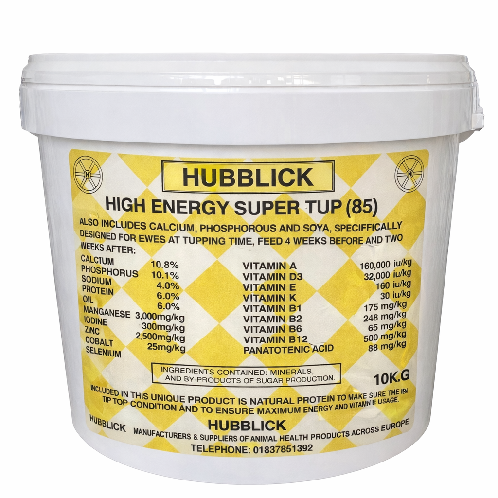 A white plastic bucket labeled 'HUBBLICK HIGH ENERGY SUPER TUP (85)' with detailed nutritional and ingredient information, including vitamins, minerals, and other additives.