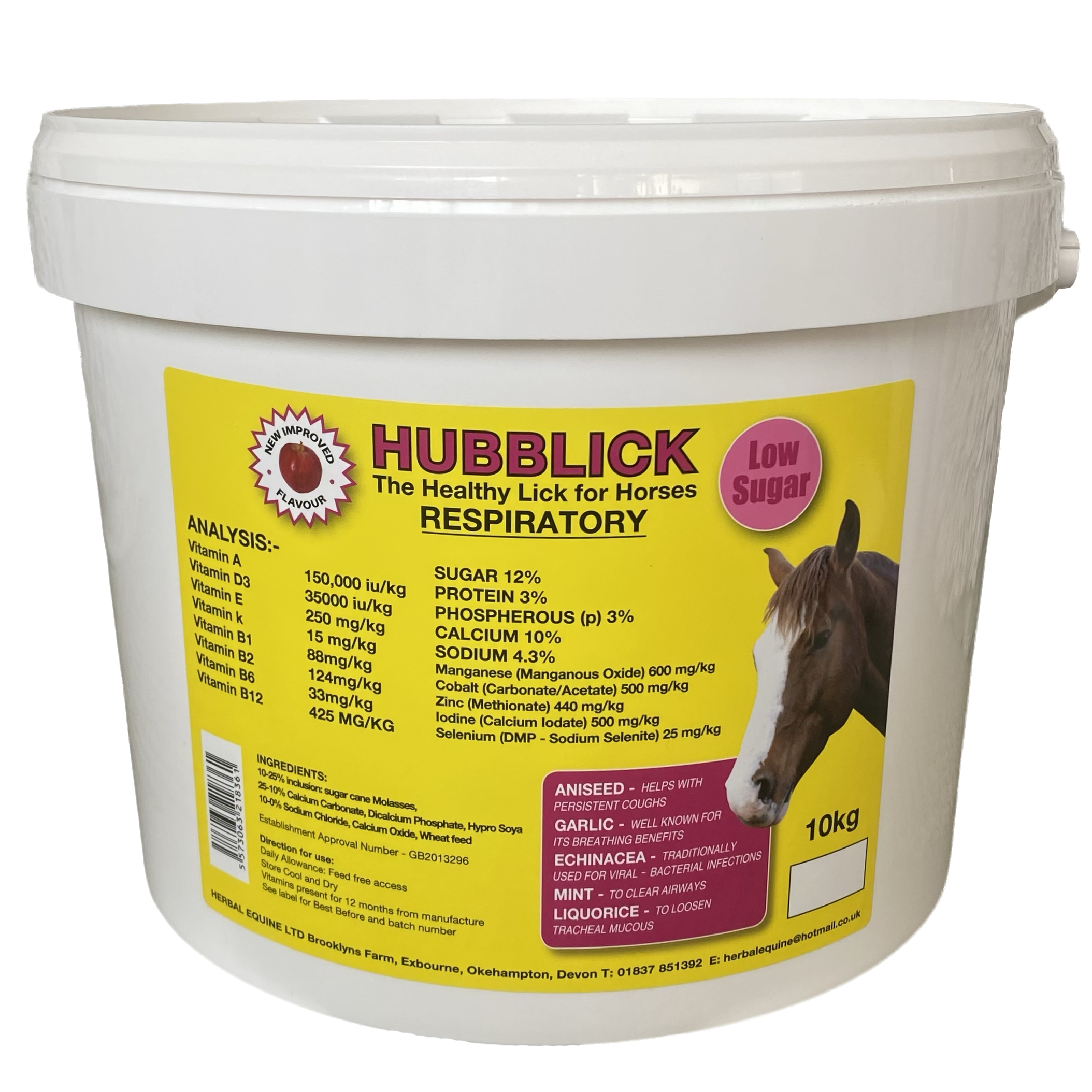 A 10kg white plastic container of Hubbleck horse respiratory supplement with a yellow label, featuring a horse's head, product details, and ingredients.