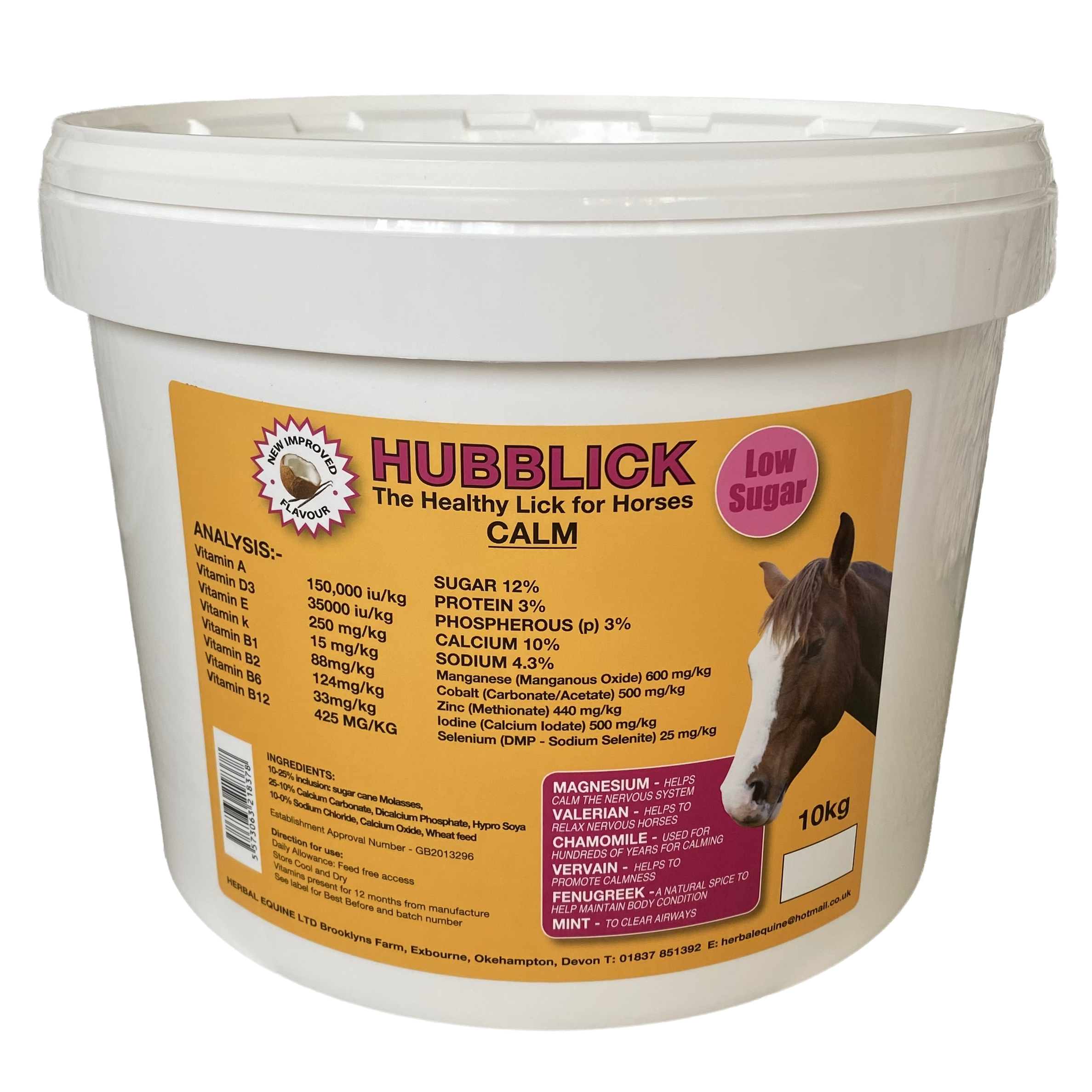 A white plastic bucket labeled 'HUBBLICK The Healthy Lick for Horses CALM' with a picture of a horse. The label mentions low sugar content, and lists various nutrients and ingredients for horse supplement, emphasizing benefits like calming nerves, relaxing horses, and promoting calmness.