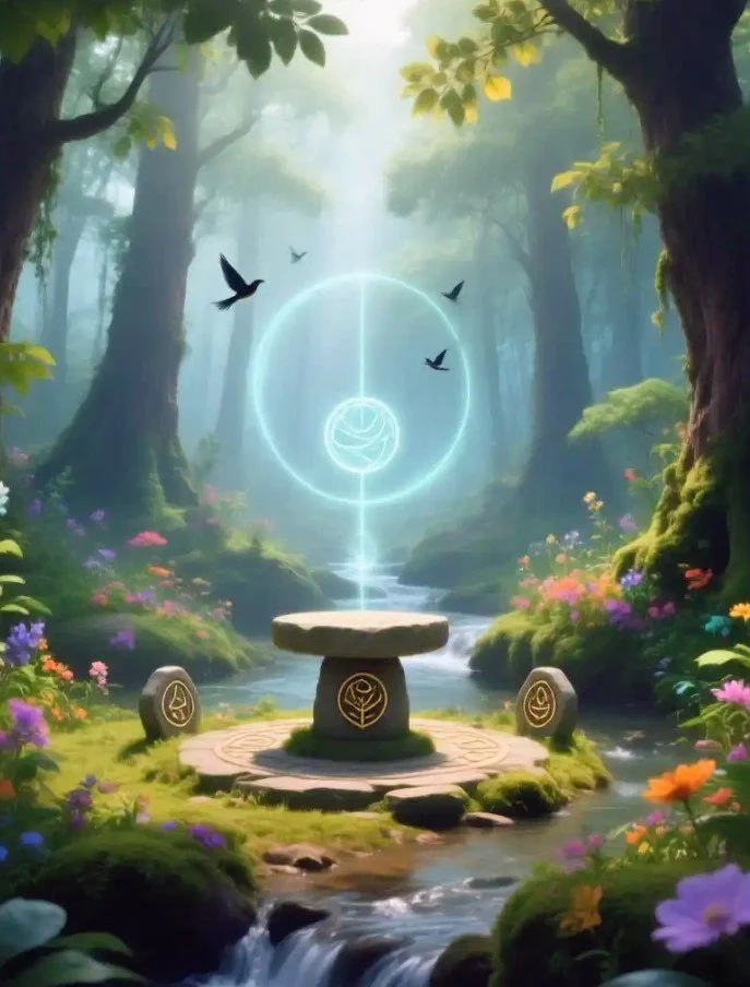 A mystical forest with a glowing magical circle and symbols, surrounded by trees, colorful flowers, a stream, and birds flying overhead.
