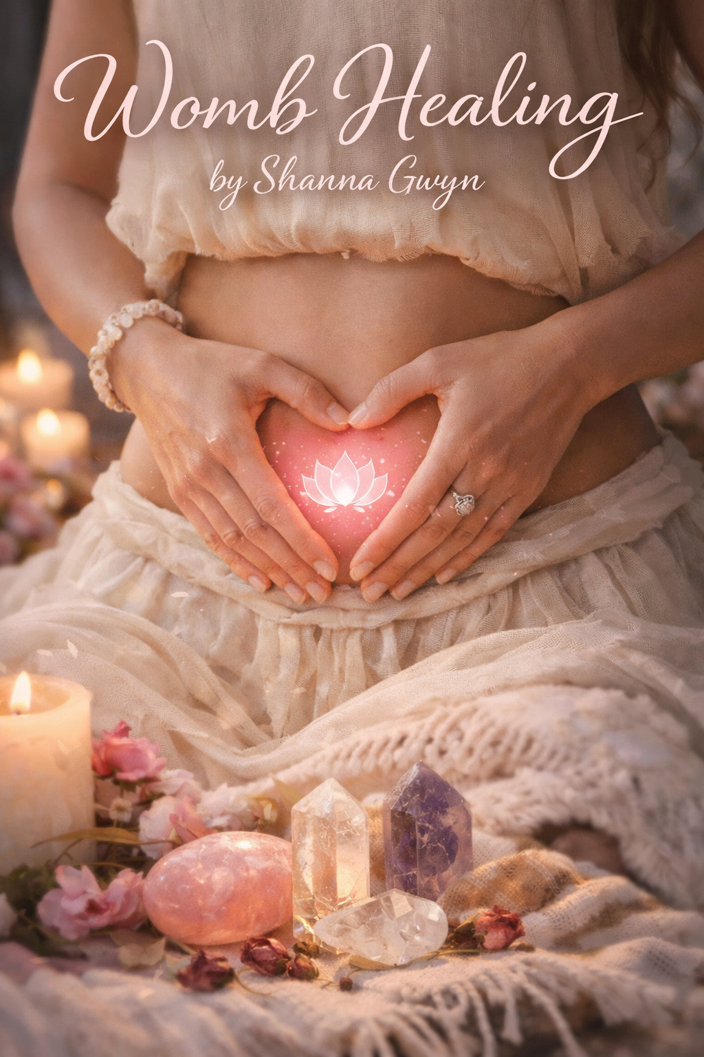 A woman with hands forming a heart shape over her belly with a glowing lotus flower symbol in a sacred space surrounded by candles, crystals, and flowers, promoting womb healing.
