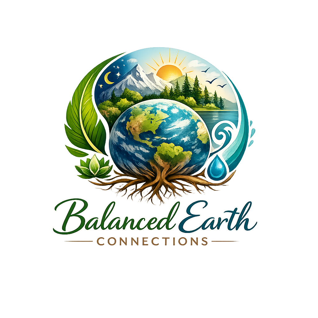 A graphic illustration of the Earth with natural elements like mountains, trees, water, and the sun, emphasizing environmental balance. Text reads "Balanced Earth" and "Connections."
