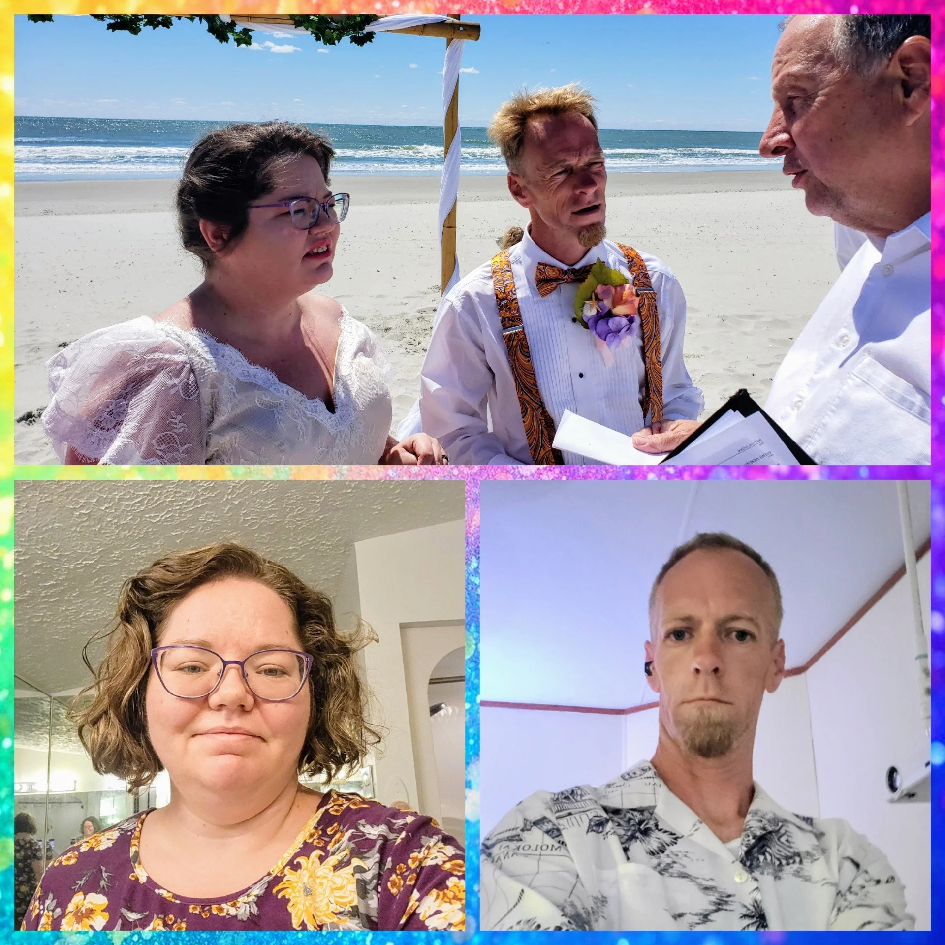 Top image: A wedding ceremony on the beach with three people holding hands, exchanging vows, with the ocean in the background. Bottom left: A woman with short curly hair and glasses, wearing a floral shirt, indoors. Bottom right: A man with short hair and a goatee, wearing a patterned shirt, indoors with a plain background.