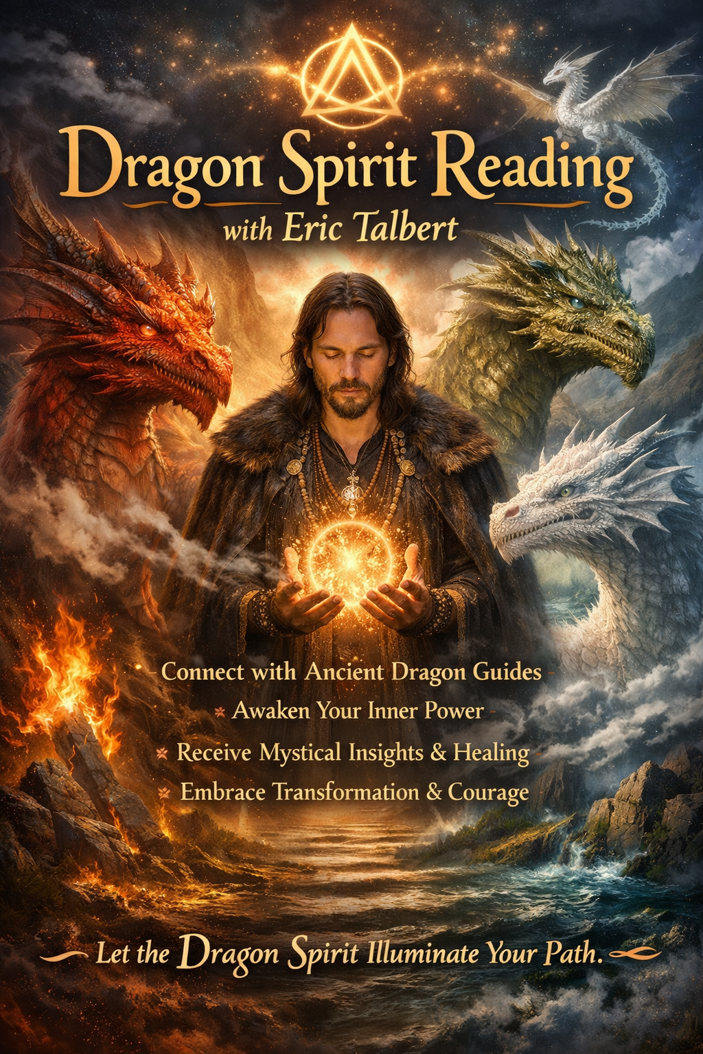 A promotional poster for a Dragon Spirit Reading session with Eric Talbert. The image features a man with long hair and a beard, dressed in dark clothing with a fur cloak, holding a glowing orb. Surrounding him are four dragons—one red, one gold, one white, and one silver—set against a mountainous and fiery landscape with clouds and a starry sky.