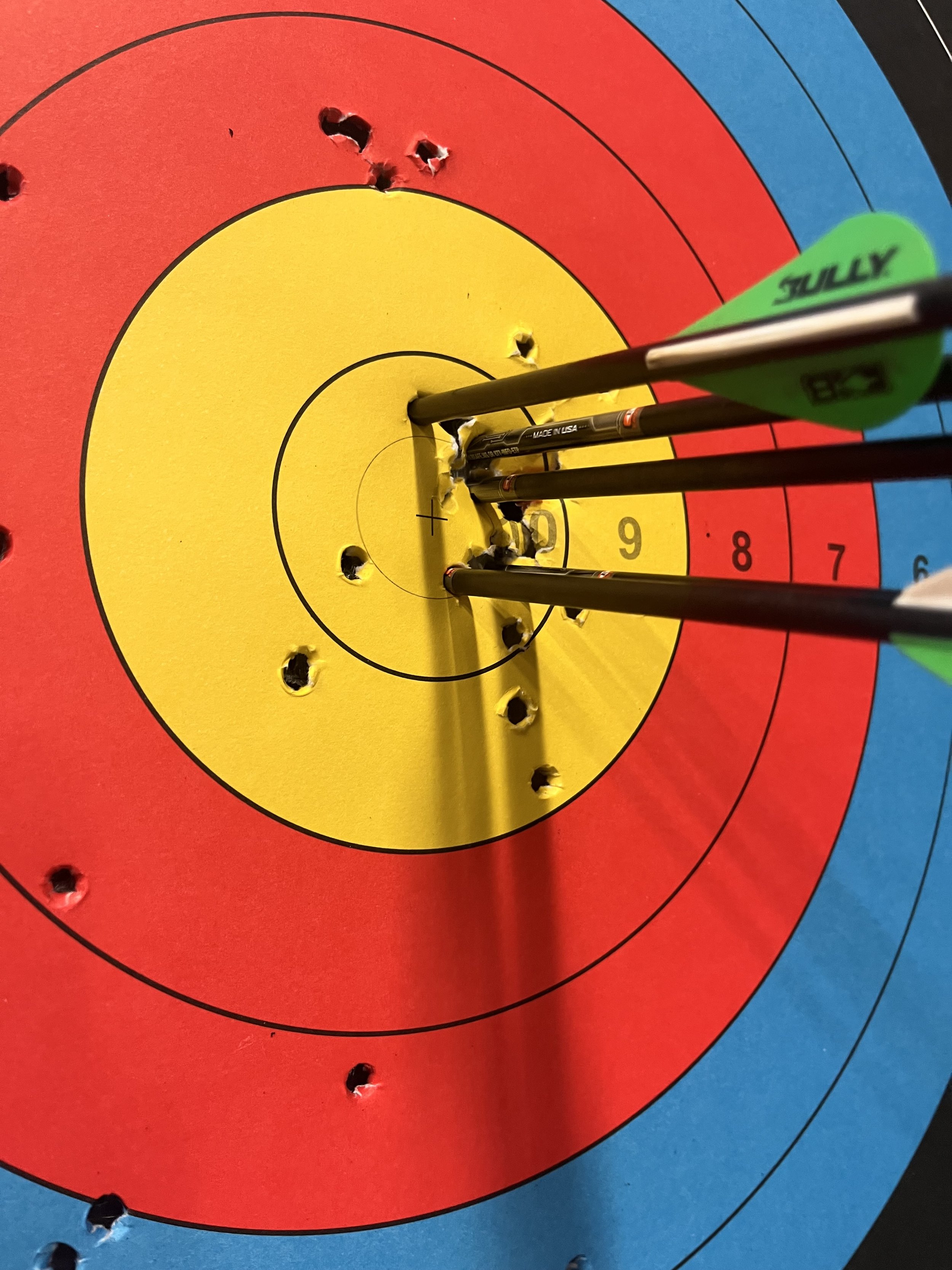Archery target with multiple arrows piercing the yellow center, red, blue, and black rings, some arrows with green and black fletching.