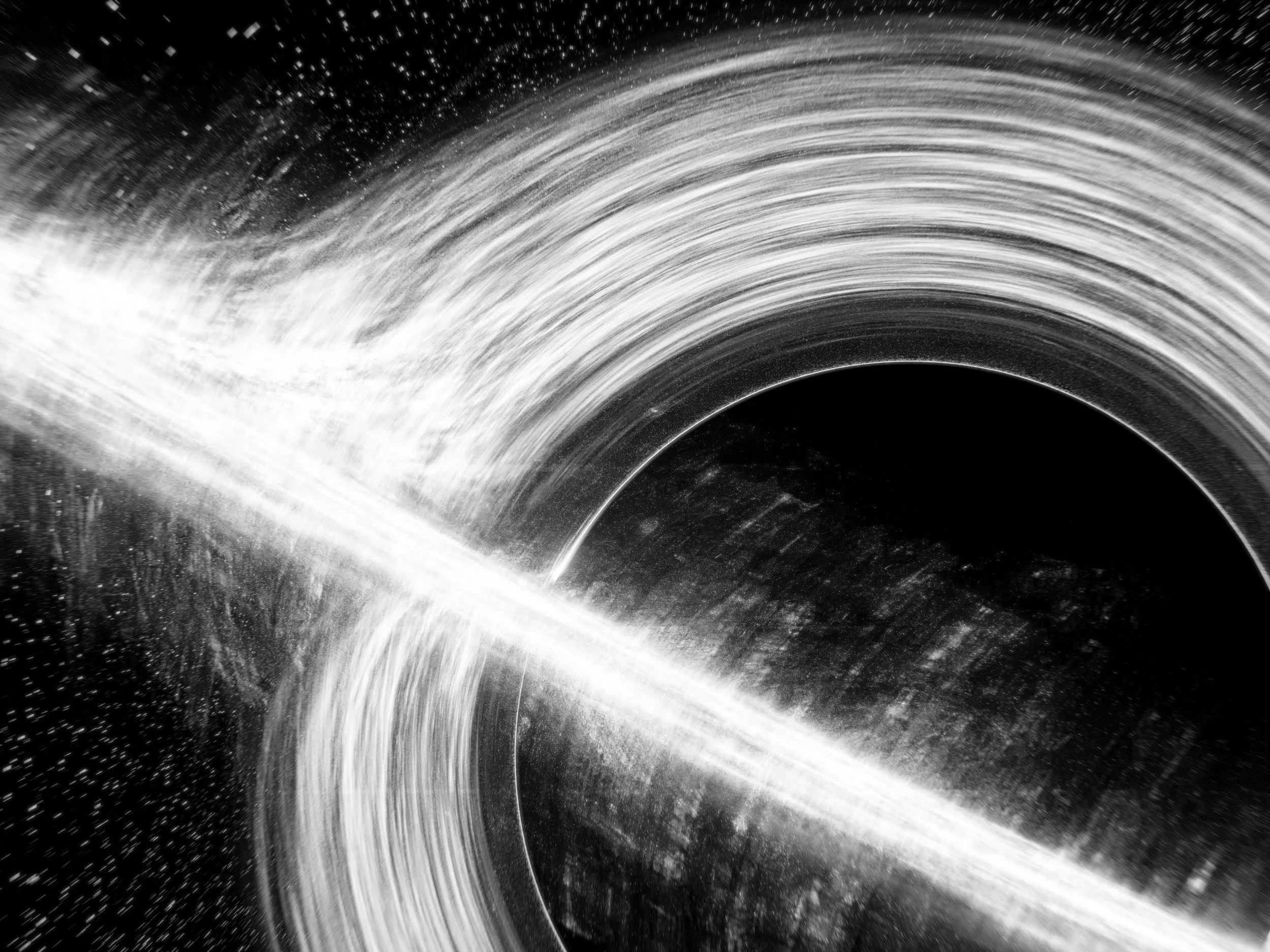 A black and white image of a space scene showing a black hole with light and debris swirling around it, creating a bright ring and streaks of light.