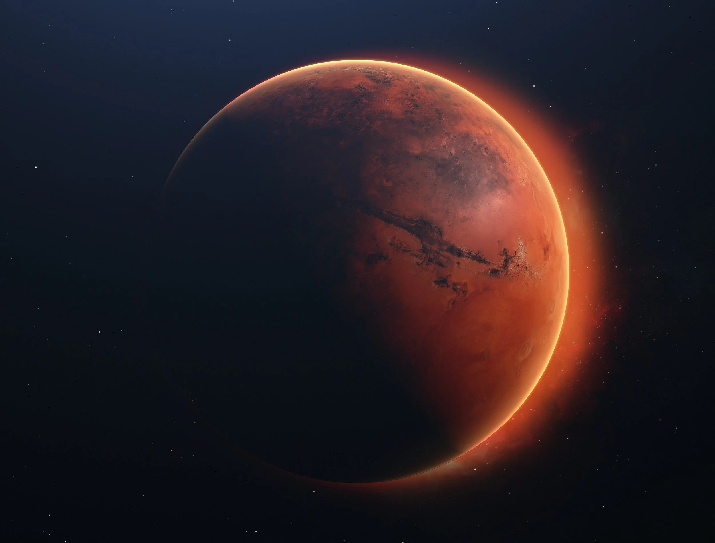 A reddish-orange planet with dark markings, partially glowing with a bright outline against a dark starry background.