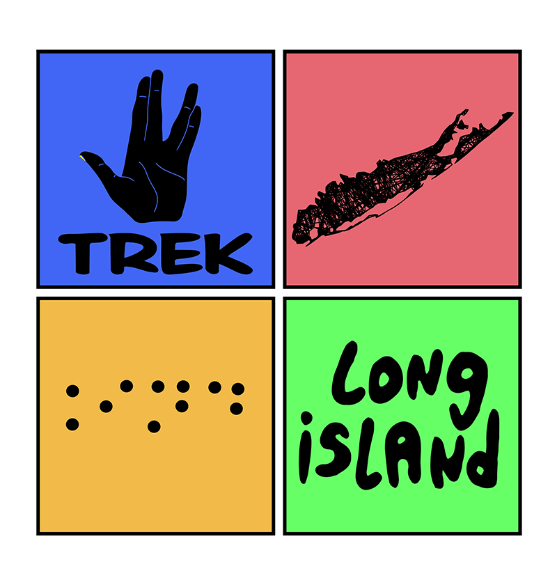 A four-panel graphic with symbols and text representing Long Island. The top left has a blue background with a black hand and the word 'TREK.' The top right shows a silhouette map of Long Island on a pink background. The bottom left has dots representing braille on an orange background. The bottom right features the words 'LONG ISLAND' on a green background.
