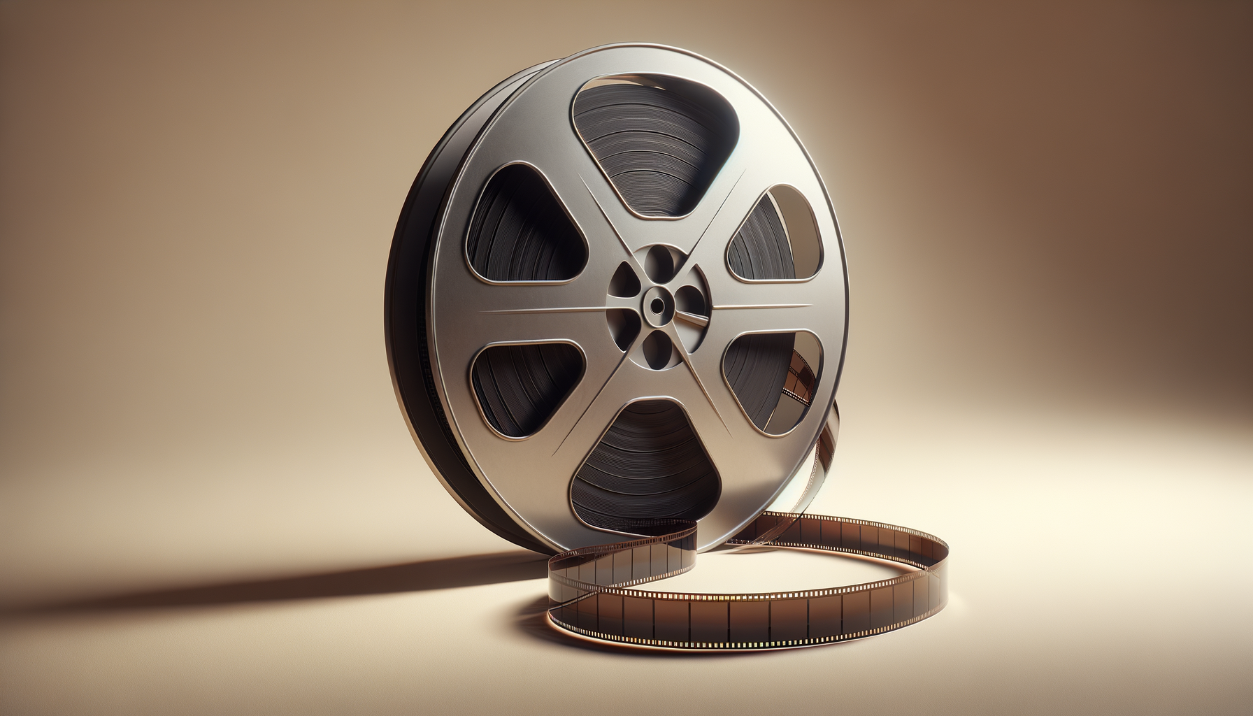 A vintage film reel unwinding with film strip in front of a beige background.
