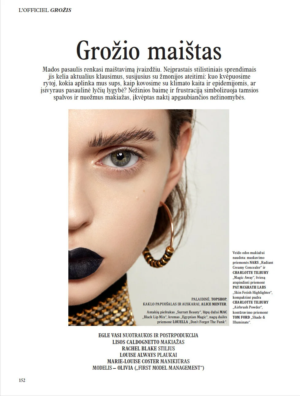 Close-up of a woman's face showing her eye, part of her nose, and lips. She is wearing makeup, black lipstick, and hoop earrings. The page features text in Lithuanian about makeup and beauty products.