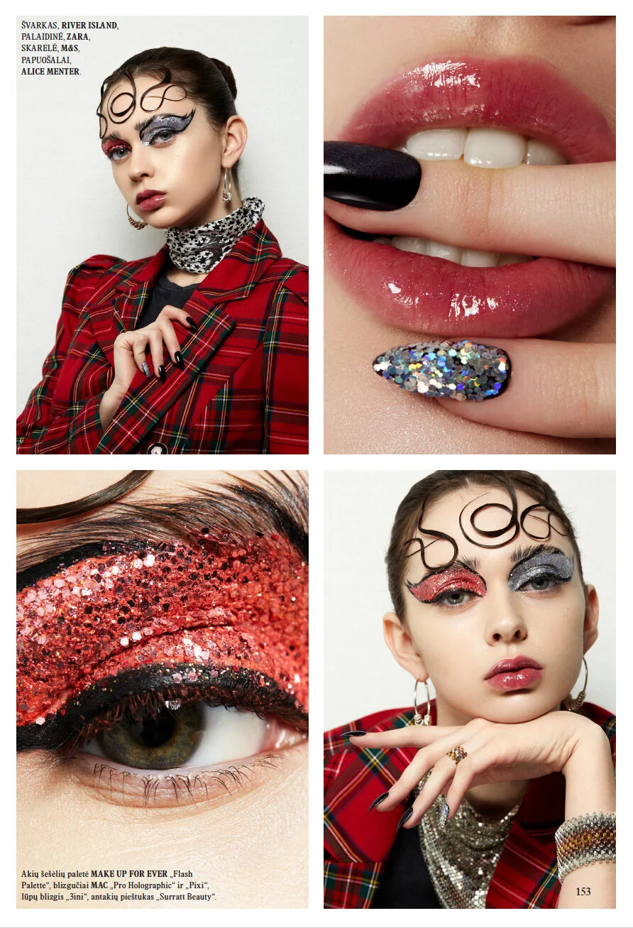 Fashion photos showcasing bold makeup looks, including glitter eyeshadow, shiny lip gloss, and decorated nails, featuring a model in a red plaid blazer with statement makeup and accessories.