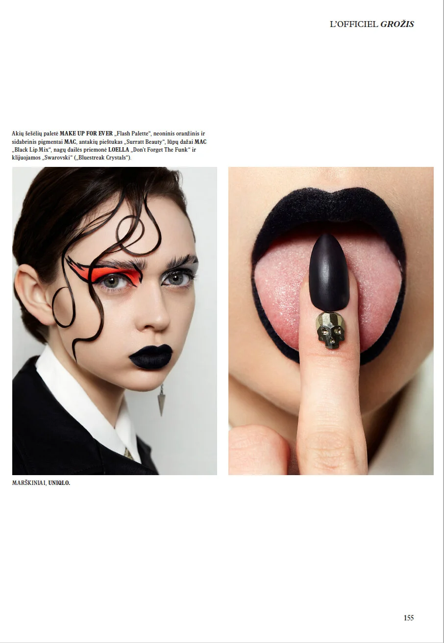 Close-up of a woman's face showcasing avant-garde makeup with bold black lipstick, and eye makeup featuring red graphic eyeliner and elaborate black hair styling. Also, a close-up of another woman's open mouth with black lipstick, black painted finge