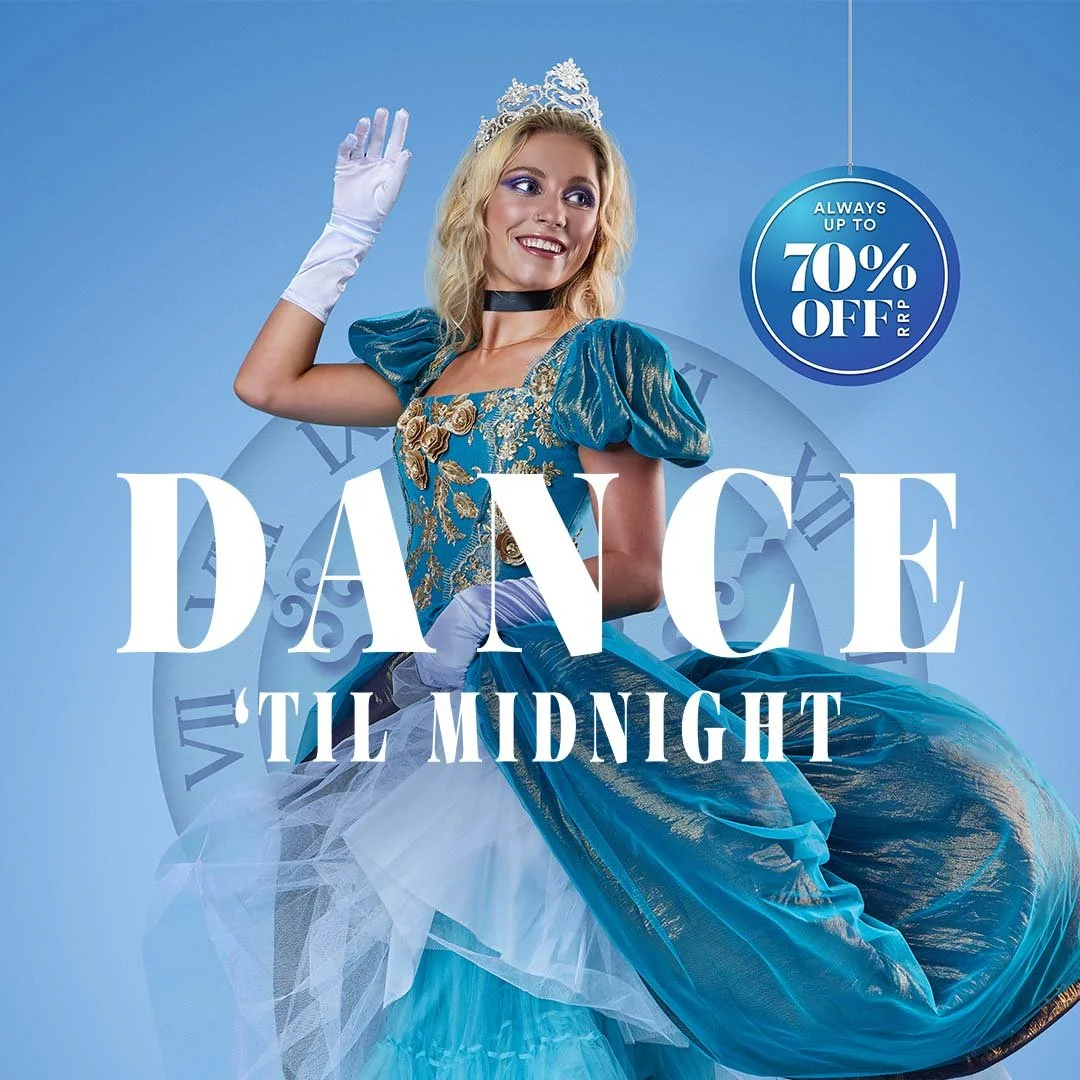 A woman in a blue and gold crown and fancy blue dress smiling and waving, with a clock and a text about a dance event and discounts.