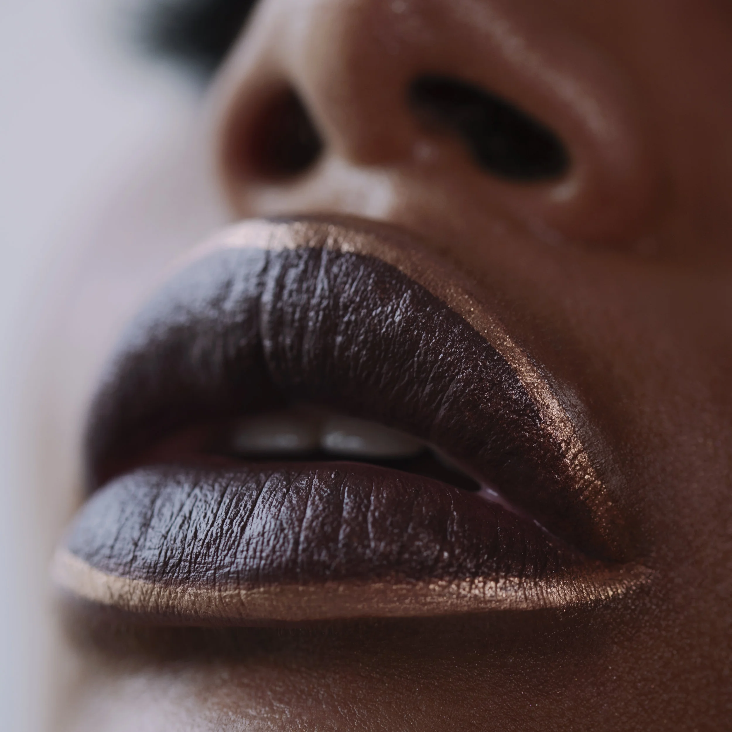 Close-up of a person's lips and nose, with dark lipstick and a natural skin tone.