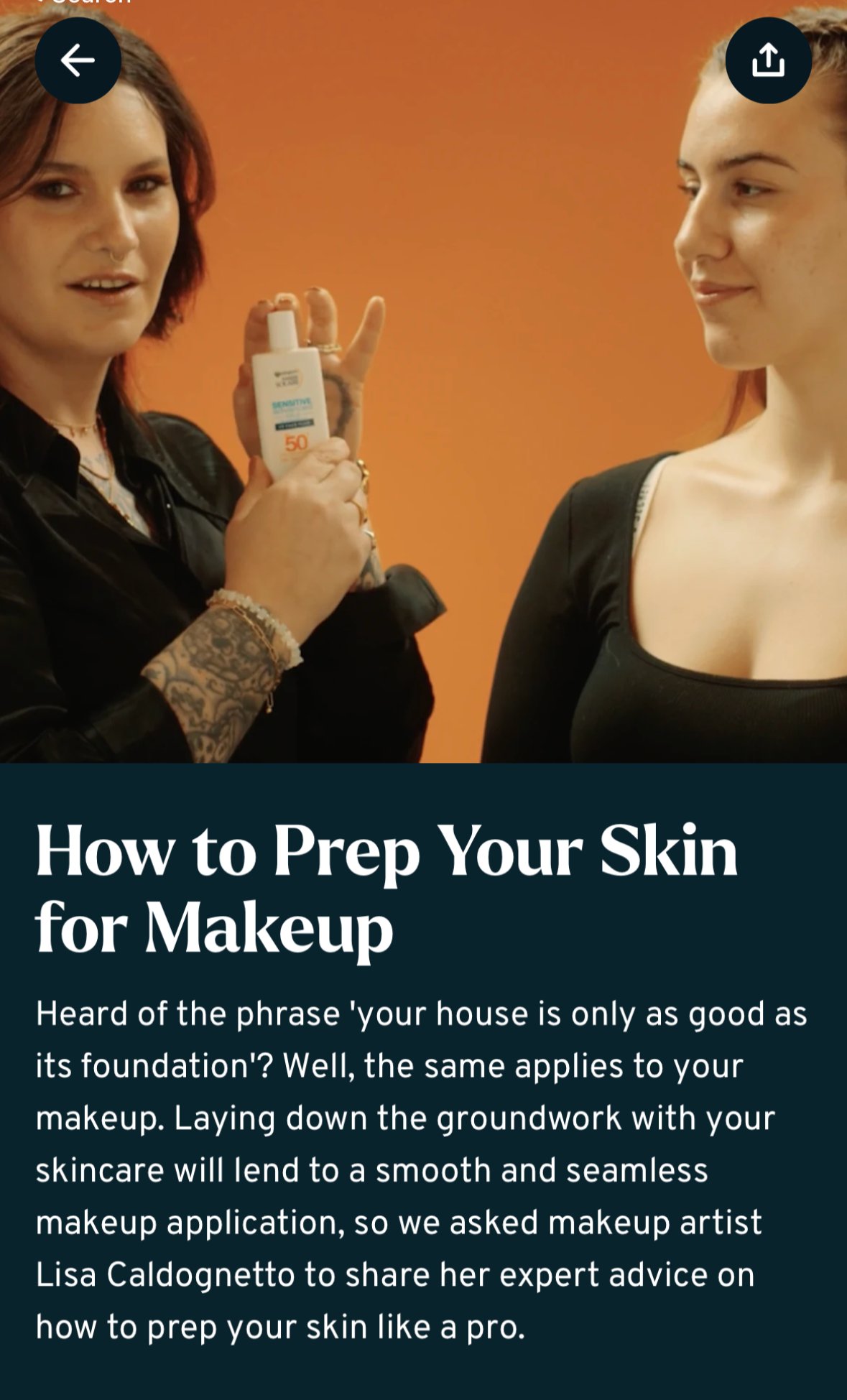 Two women with makeup in front of an orange background; one woman, Lisa Caldogntto holds a bottle of sunscreen, the other looks at Ava Hirons for the skin rocks, Caroline Hirons app