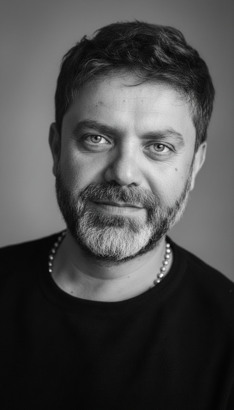 Black and white portrait of a man with short dark hair, a full beard, and light-colored eyes wearing a dark shirt and a beaded necklace.