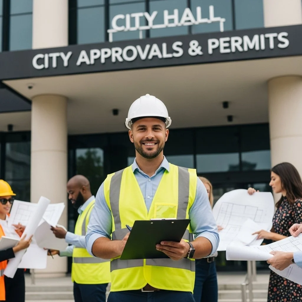 A smiling man wearing a white safety helmet and yellow reflective vest standing in front of a city hall building with a sign that says "City Approvals & Permits". Several other people in safety vests and holding blueprints are in the background.