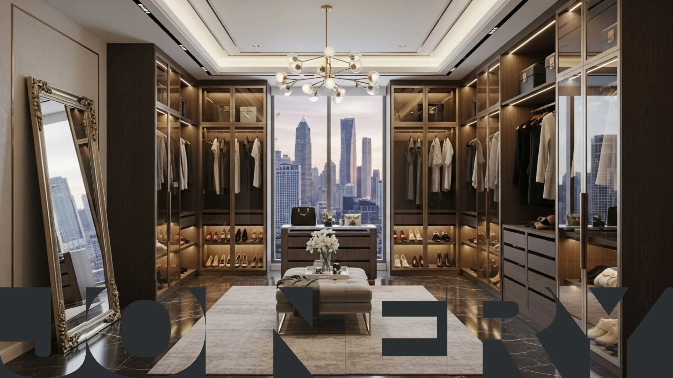 Luxurious walk-in closet with wooden shelves and glass doors filled with clothes, shoes, and accessories, overlooking a city skyline through large windows, with a chandelier, mirror, and Ottoman in the room.