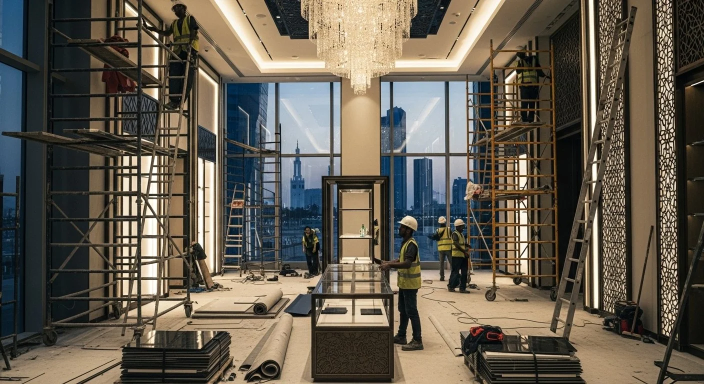 Interior of a high-rise building under construction, with workers installing fixtures and scaffolding set up. Large windows reveal a cityscape with tall buildings and a cloudy sky.