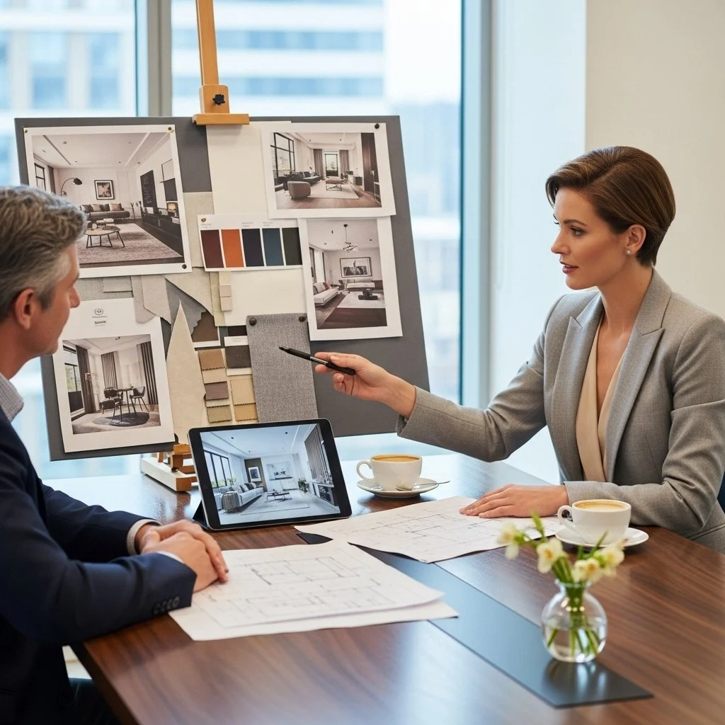 Two professionals discussing interior design plans at a table with a color palette board, fabric samples, and interior photos.