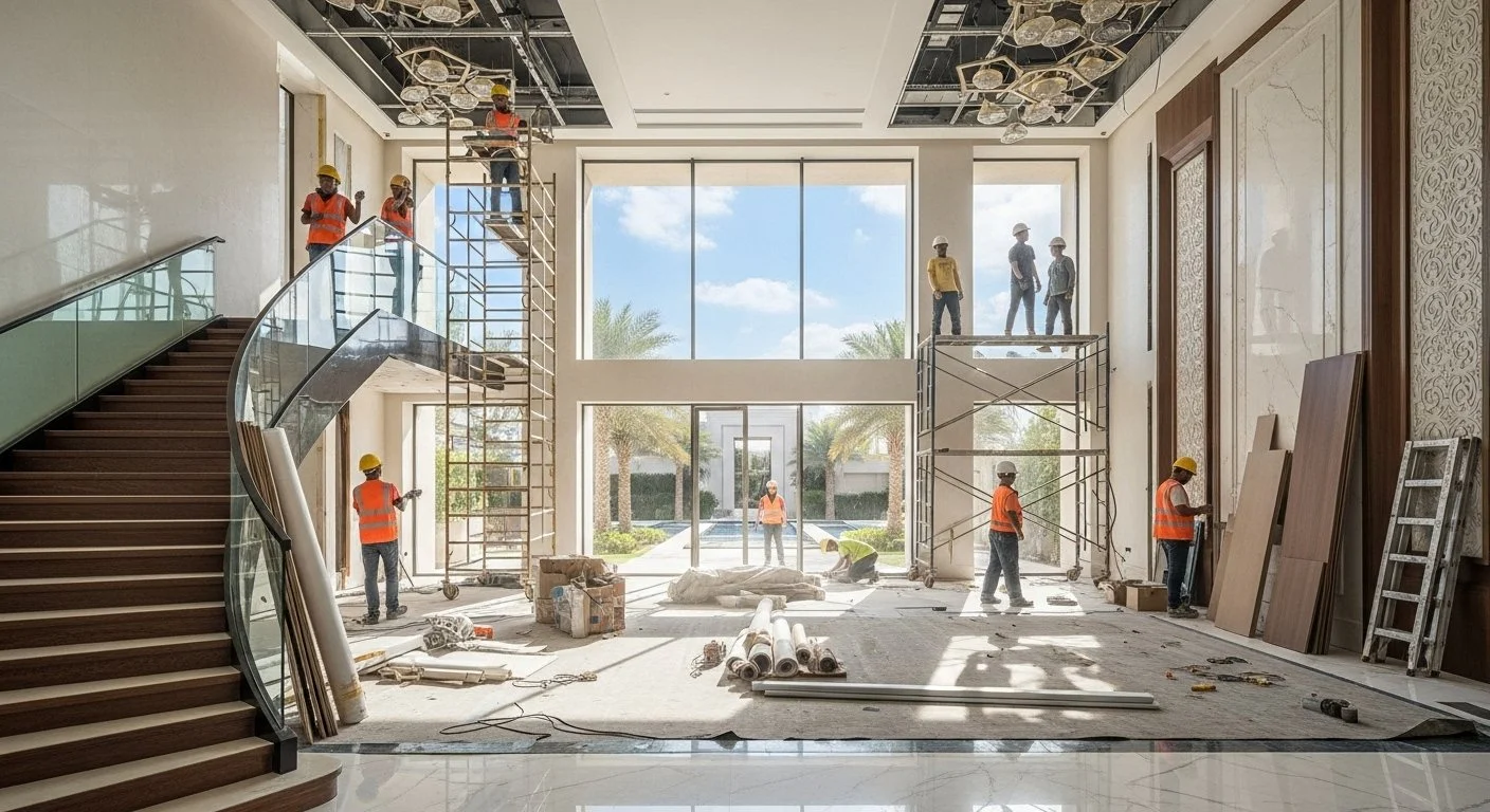 Construction workers wear safety helmets and vests working inside a building under renovation with scaffolding, ladders, and construction materials.