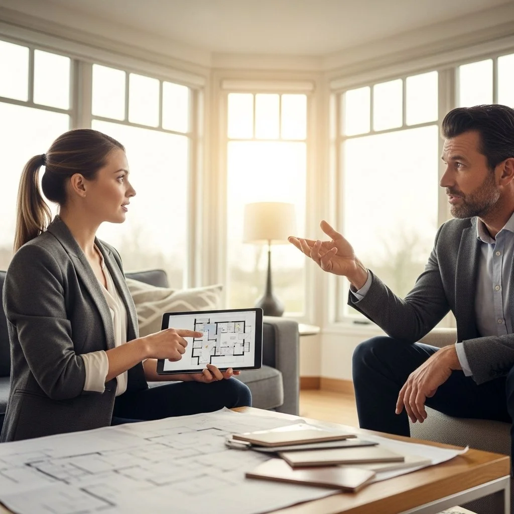 Two professionals, a woman holding a tablet with a floor plan and a man gesturing, in a bright office with large windows.