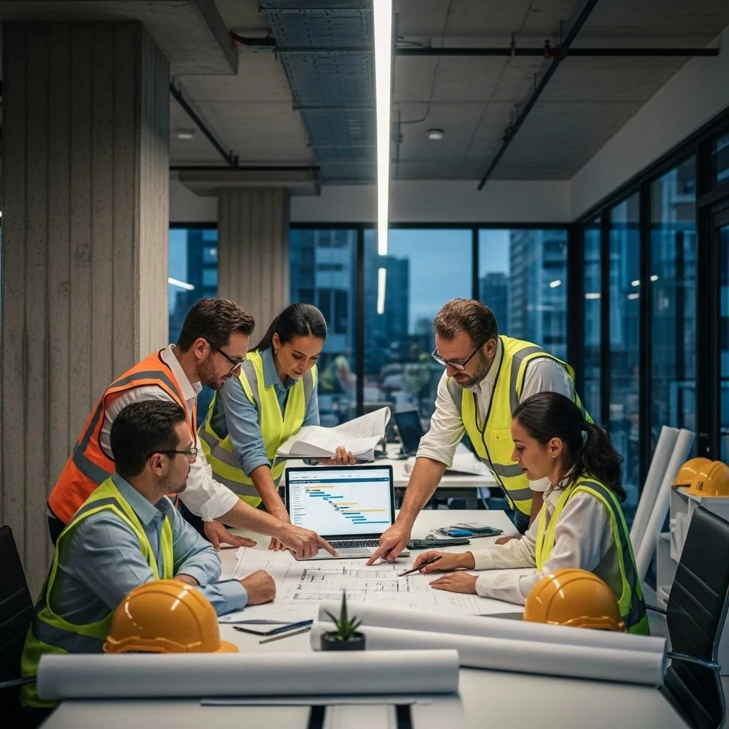 Group of five engineers in safety vests gathered around a table reviewing blueprints and documents in a modern office space.