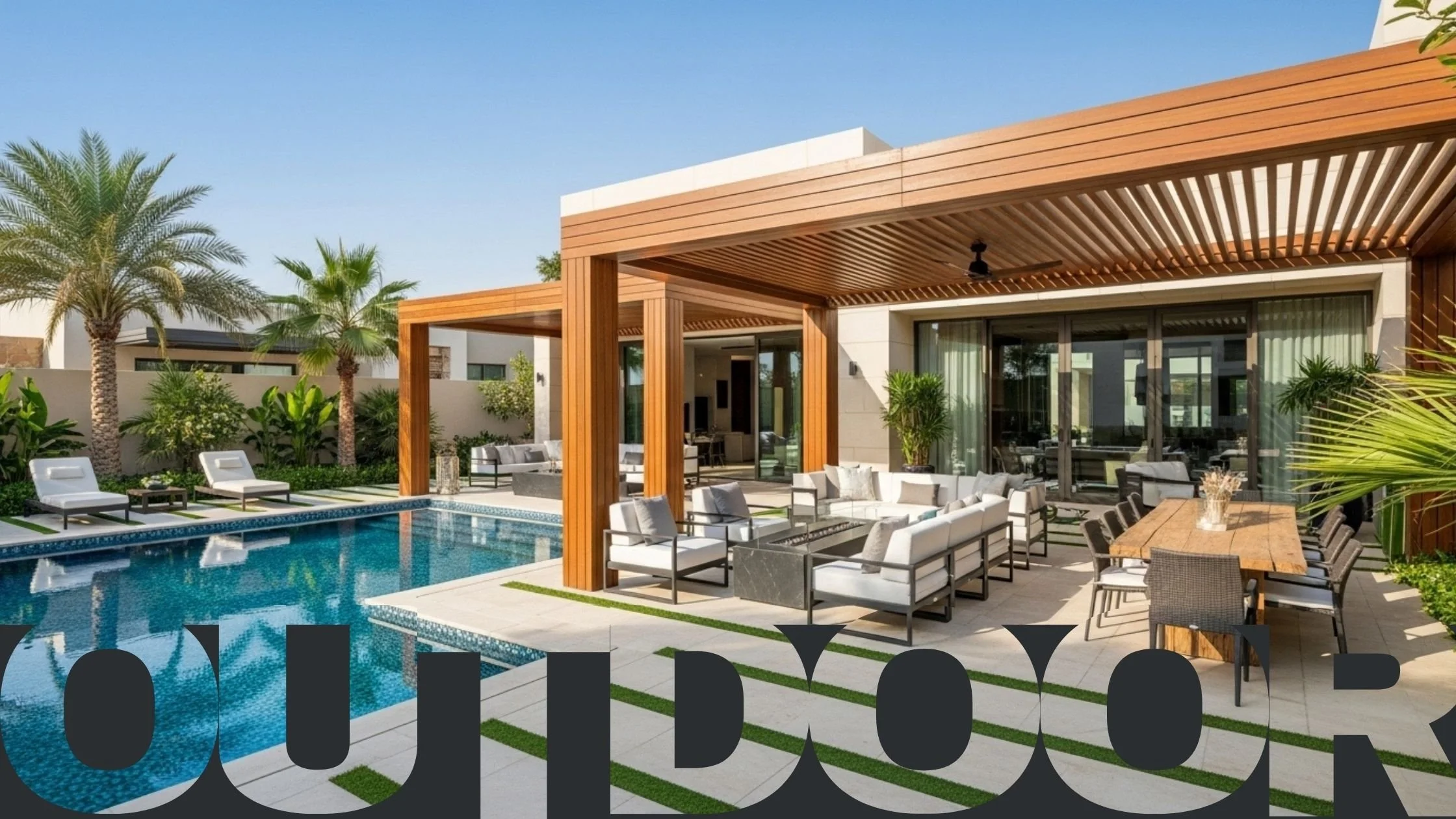 Modern outdoor patio with a swimming pool, lounge chairs, seating area with sofas, dining table, and surrounding palm trees in a luxurious backyard.