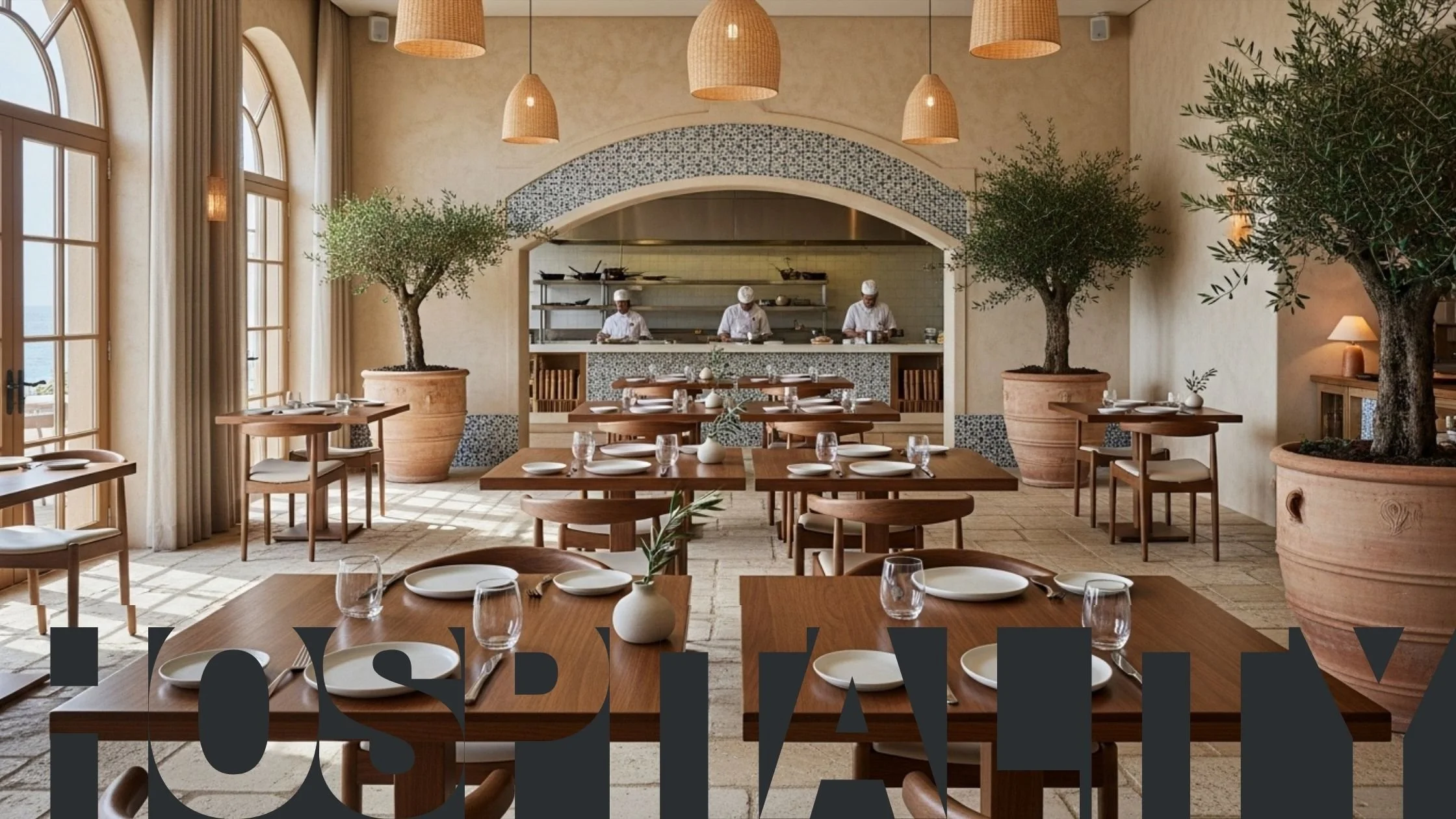 Elegant restaurant interior with large potted trees, wooden tables set with white plates, glasses, and cutlery, and a visible open kitchen with chefs preparing food.