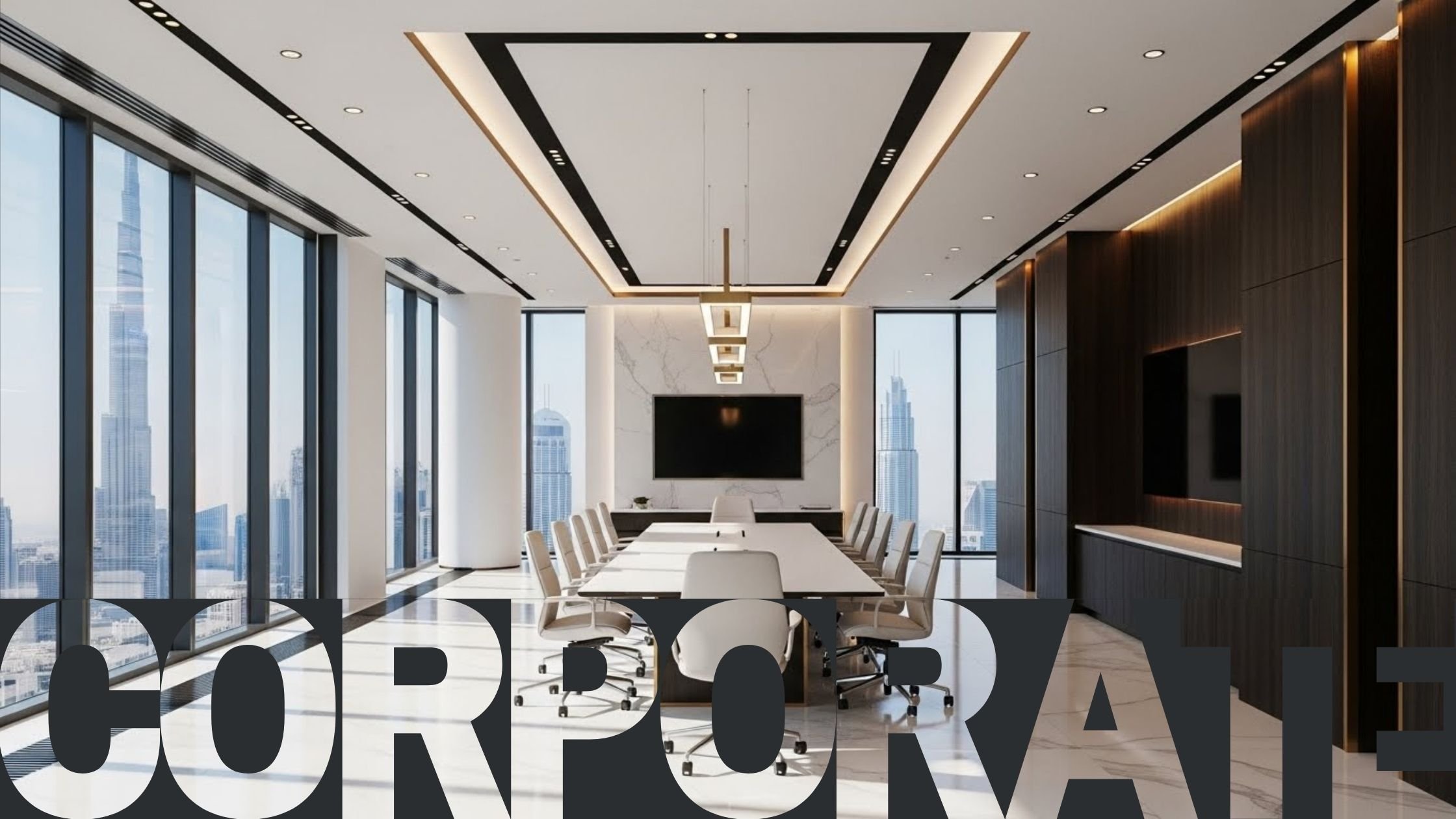 Modern corporate conference room with a large table, white office chairs, large windows with city skyline view, and a flat-screen TV on a marble wall.