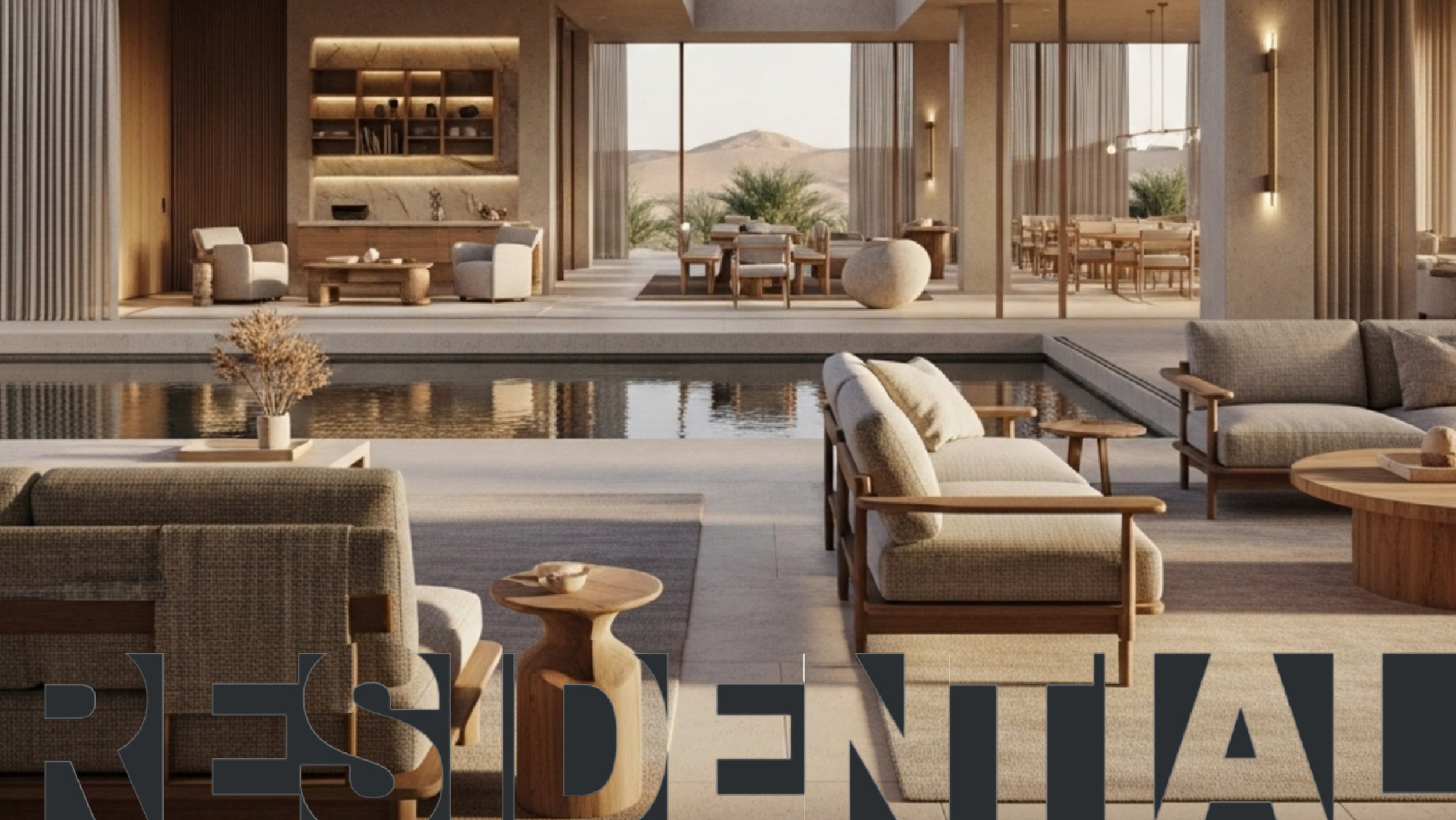 A spacious, modern indoor lounge area with large glass windows, stylish furniture, and mountain views in the background.