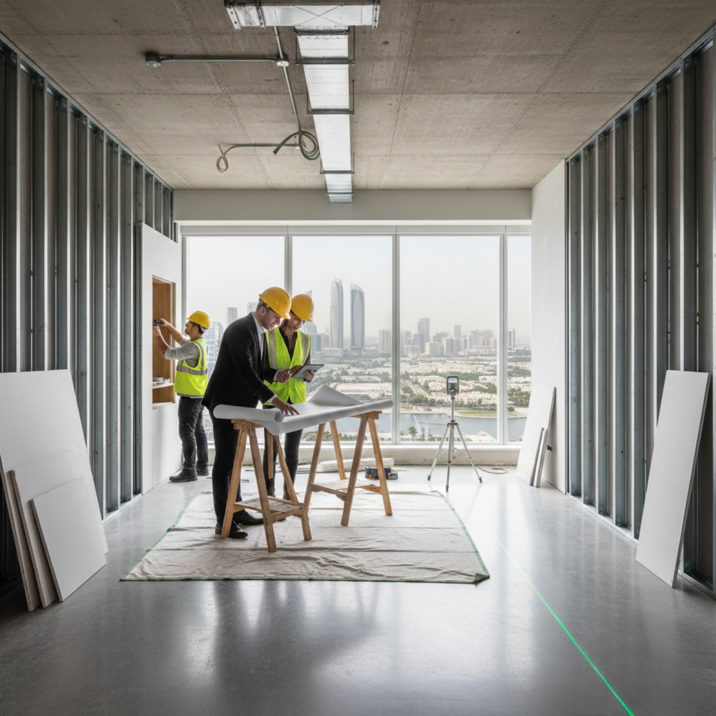 Interior of a high-rise building under construction with three workers wearing yellow hard hats and safety vests, working on plans and inspecting the space, with a city skyline visible through large windows.