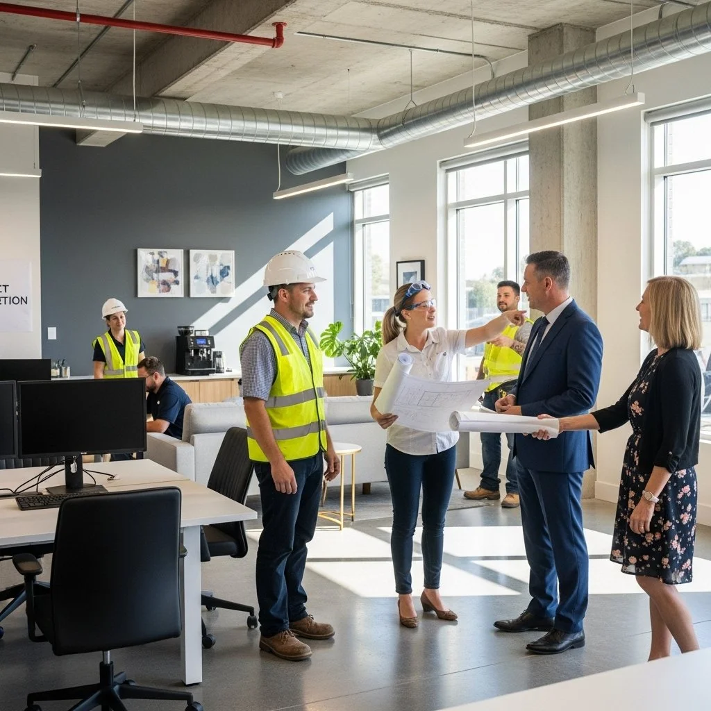 Construction workers and business professionals having a discussion in a modern office with large windows, desks, and artwork.