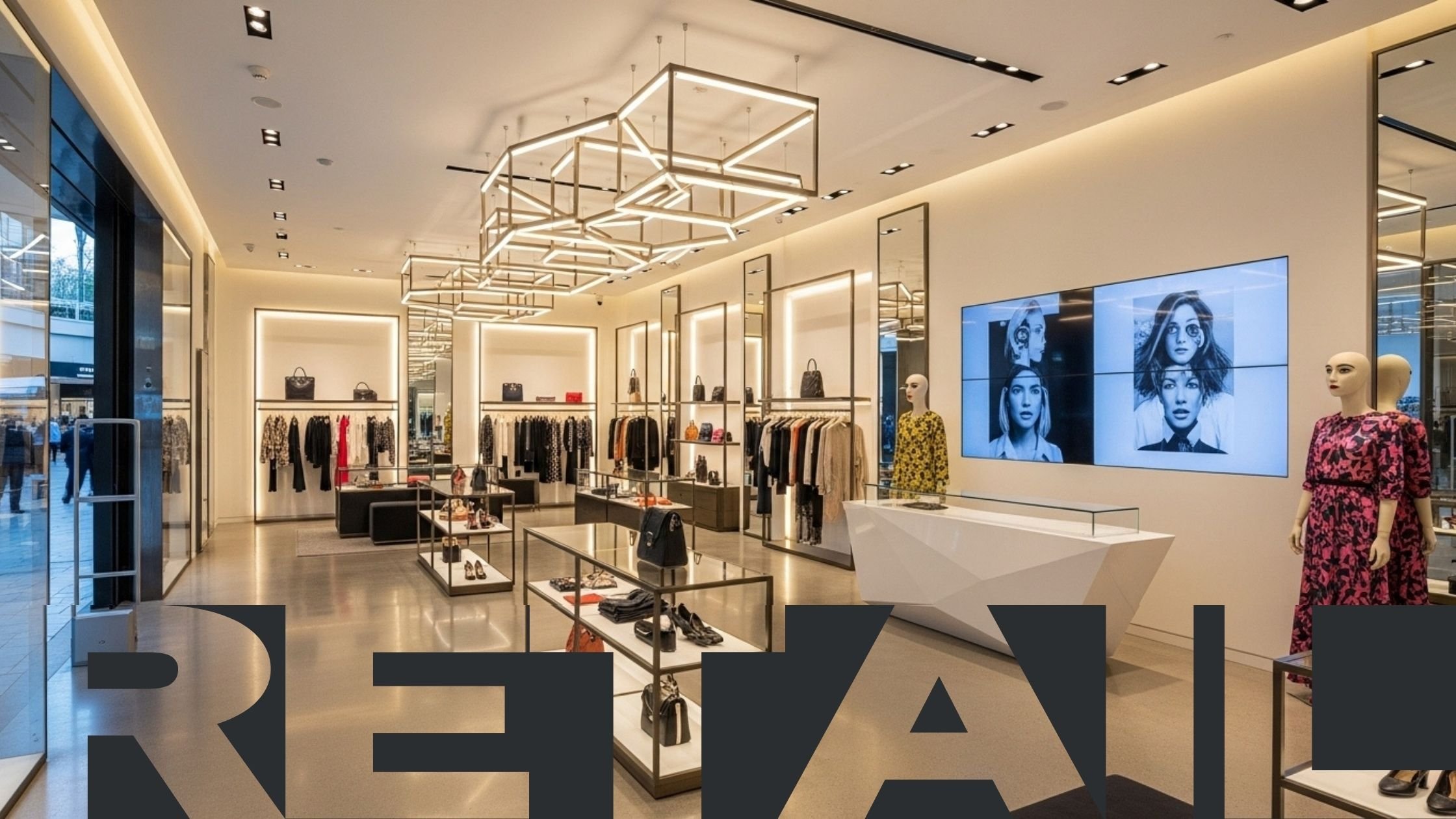 Interior of a modern retail clothing store with mannequins, clothing on racks, and digital screens displaying fashion images.