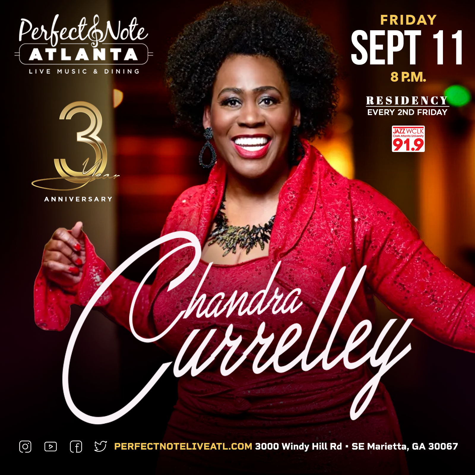 A promotional poster featuring a woman with curly hair wearing a red dress and jewelry, smiling, advertising a music event at Perfect Note Atlanta on September 11th at 8 p.m., celebrating the venue's third anniversary with live music and dining.