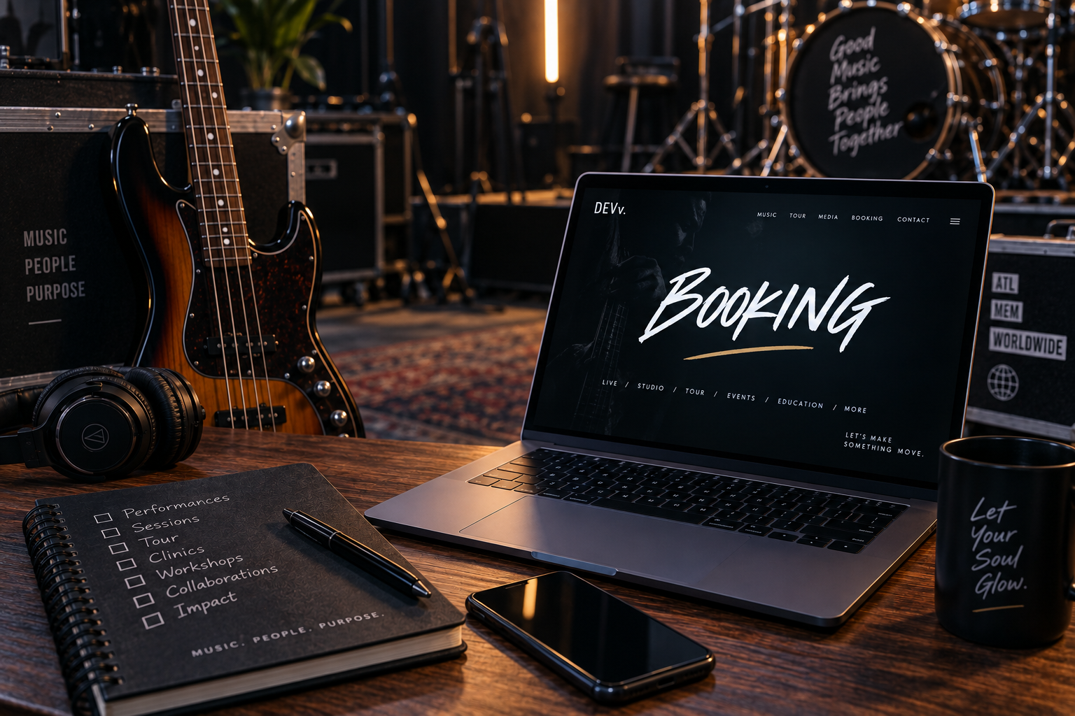 A music studio setup with a laptop displaying a booking webpage, an acoustic guitar, headphones, a smartphone, a notebook with checklists, and a black mug on a wooden table. In the background are drums and equipment with a sign that says 'Good Music Brings People Together.'