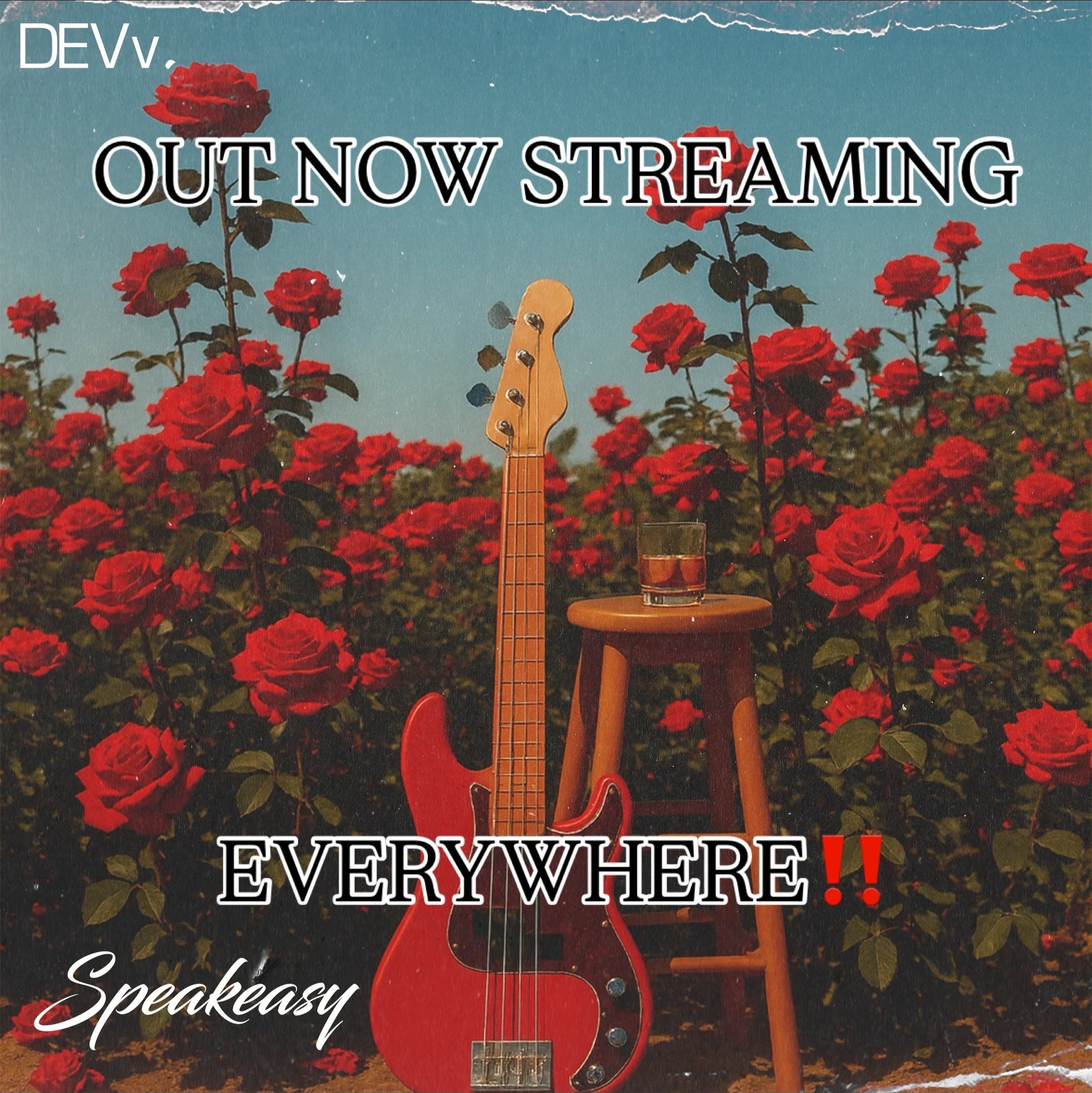 Announcement that a platform is now streaming a service everywhere, with a background of red roses and musical instruments including a guitar and a microphone.
