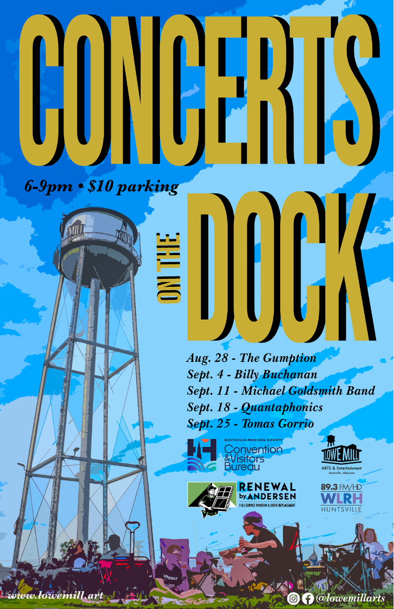 A poster announcing a series of concerts on the dock, featuring multiple bands from August 28 to September 25, with details about the time, parking fee, and sponsors, set against a background with a water tower, sky, clouds, and people sitting and relaxing.