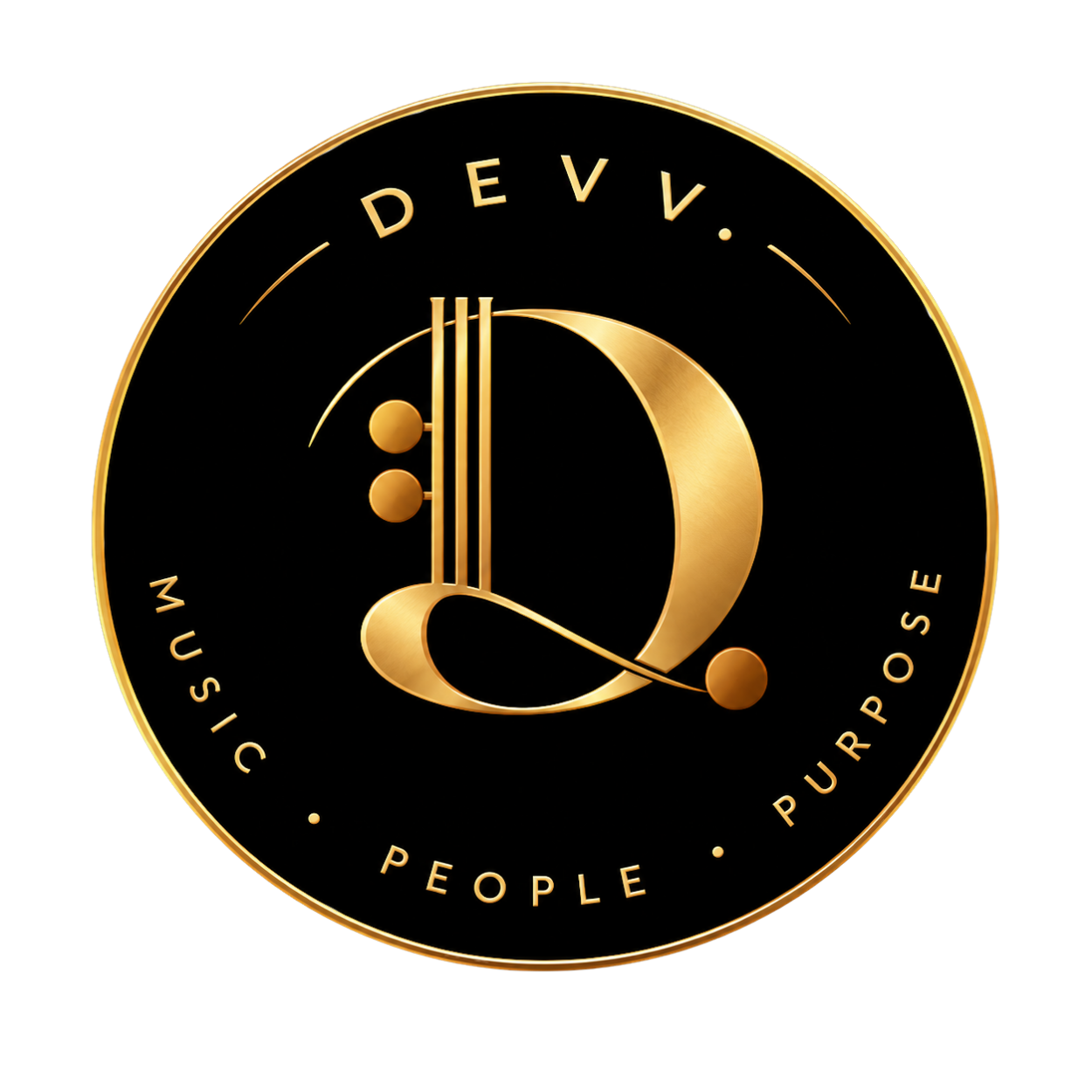 A gold and black circular logo with the letter 'D' in the center, the text 'DEVv.' at the top, and the words 'MUSIC,' 'PEOPLE,' and 'PURPOSE' around the bottom edge.