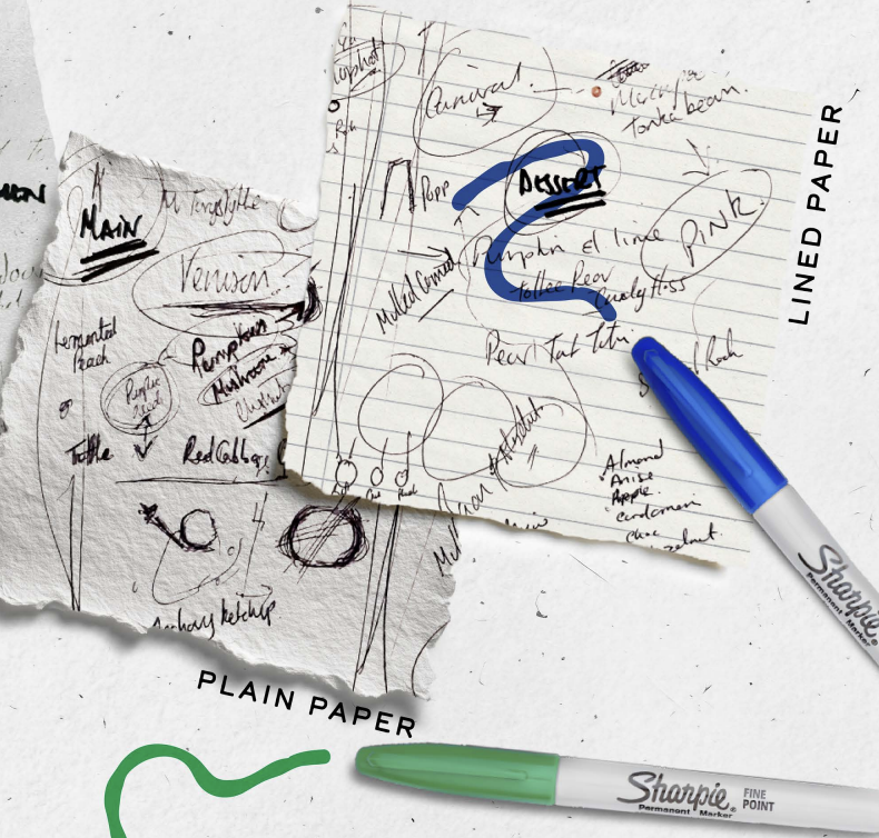 Close-up of layered sheets of lined and plain paper with handwritten notes, sketches, and diagrams, along with blue and green markers.