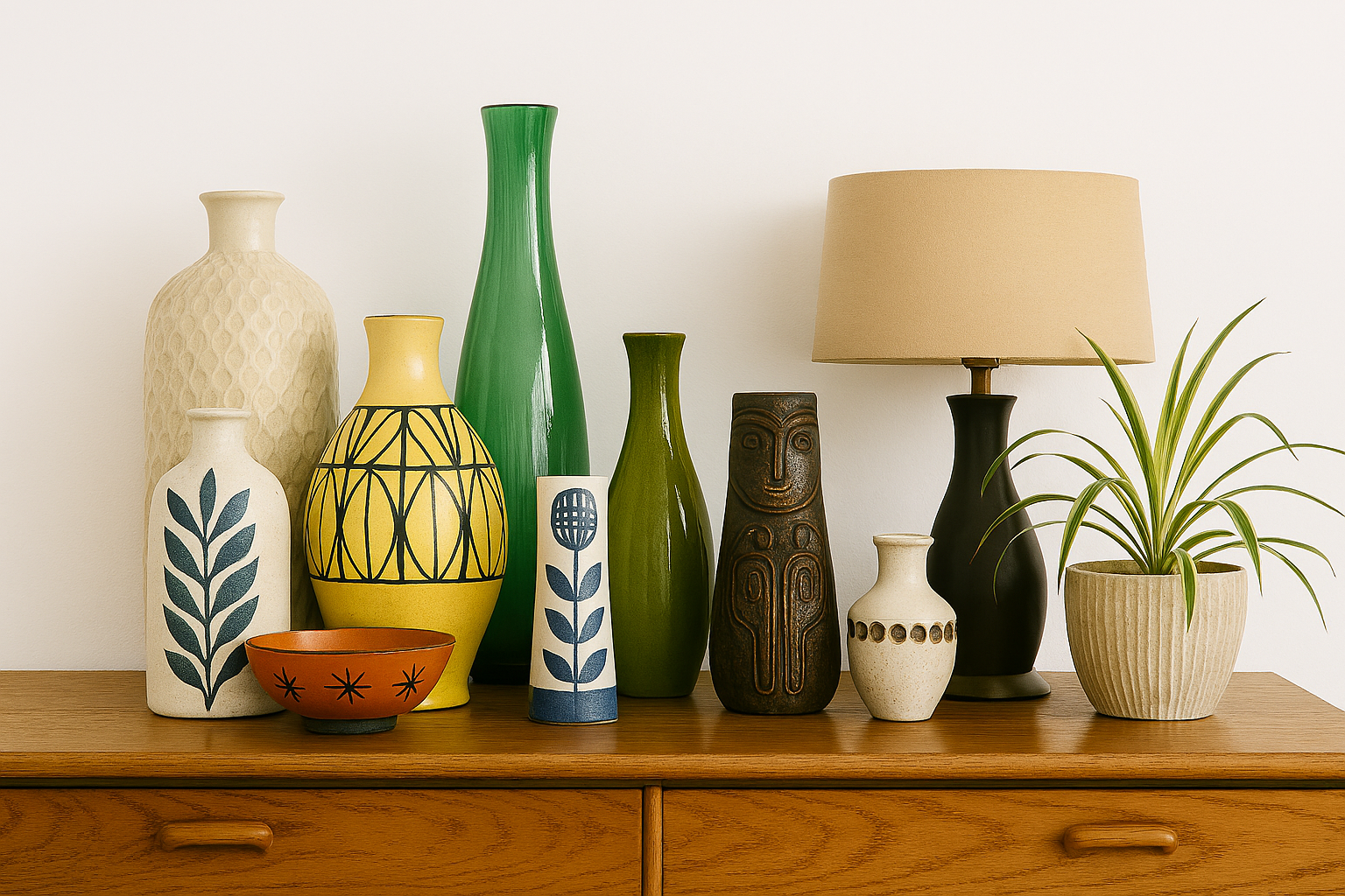 A collection of decorative vases, a small bowl, a potted plant, and a table lamp on a wooden surface against a white wall.