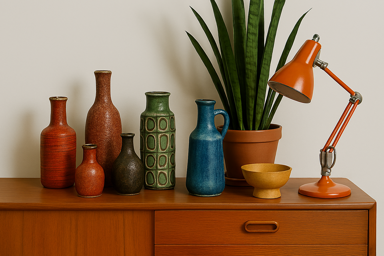A wooden sideboard with seven decorative vases of various colors and sizes, a large potted green plant, a small yellow bowl, and an orange adjustable desk lamp.