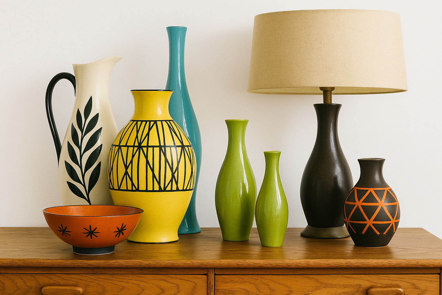 Colorful vases and a table lamp displayed on a wooden surface against a white wall.