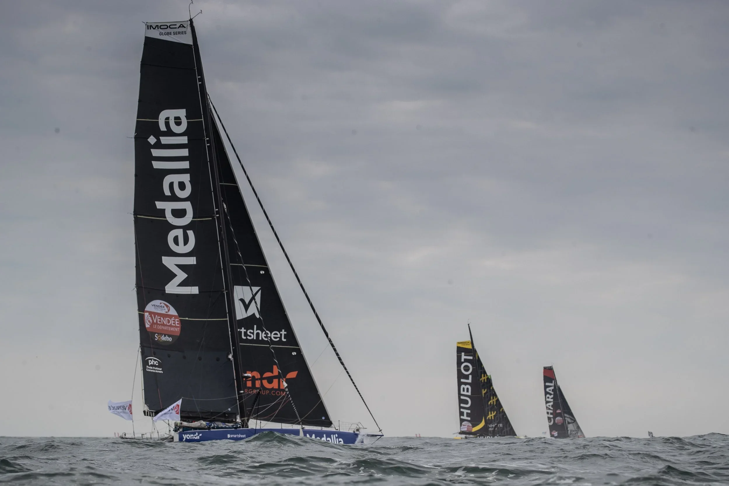 IMOCA 60 Pip Hare at the start of Vendee Arctique