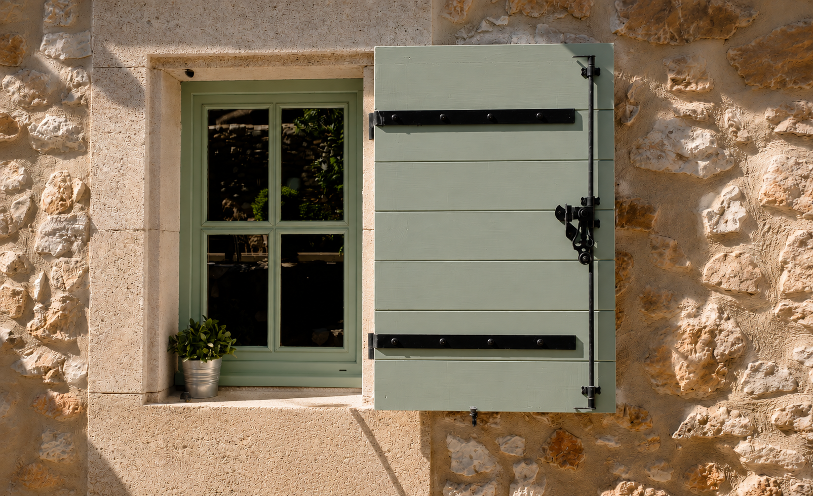 Fenêtre à volets verts avec fenêtre à carreaux, sur une façade en pierre beige, avec une petite plante en pot en bas de la fenêtre.