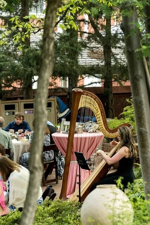 Jenna Hunt performing harp at The Denver Botanic Gardens wedding ceremony in Denver