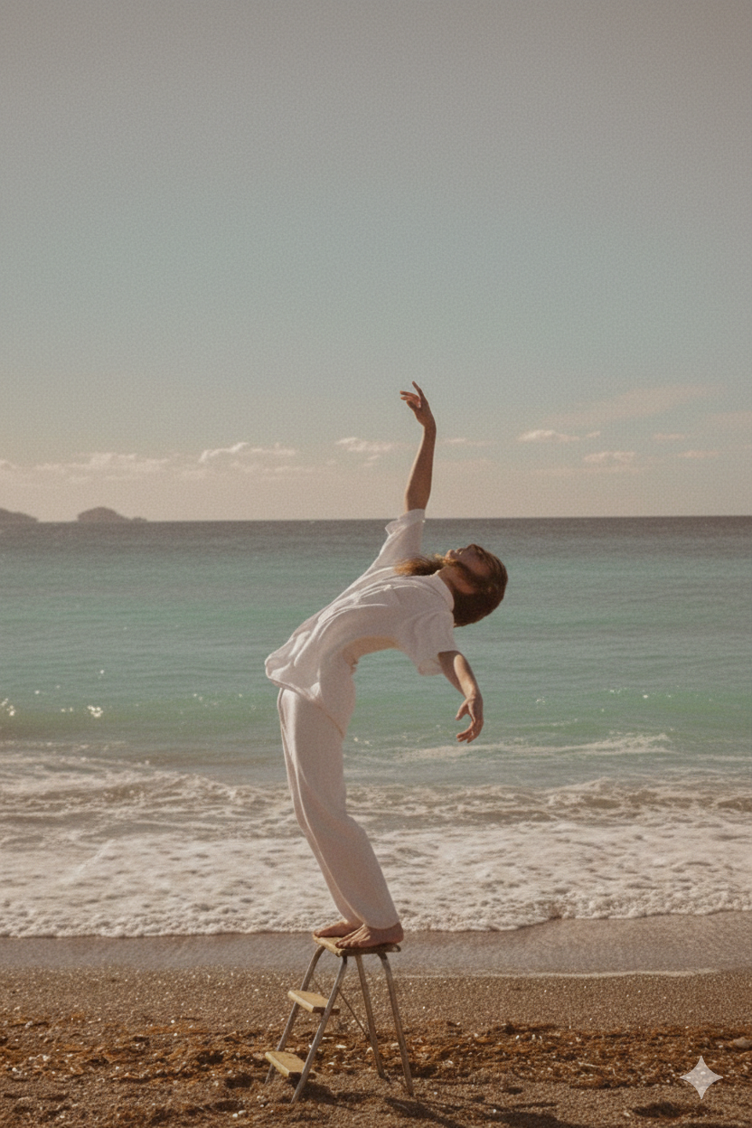 Une personne danse en équilibre sur une petite échelle sur la plage, face à la mer, avec un ciel clair en arrière-plan.