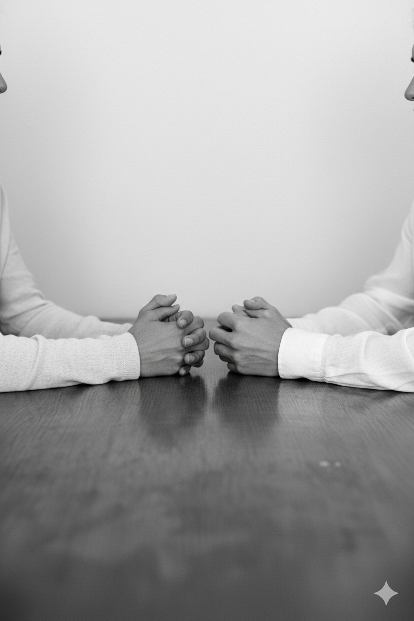 Deux personnes s'assoient face à face sur une table en bois, se tenant par les mains, dans un contexte sérieux ou intime, en noir et blanc.